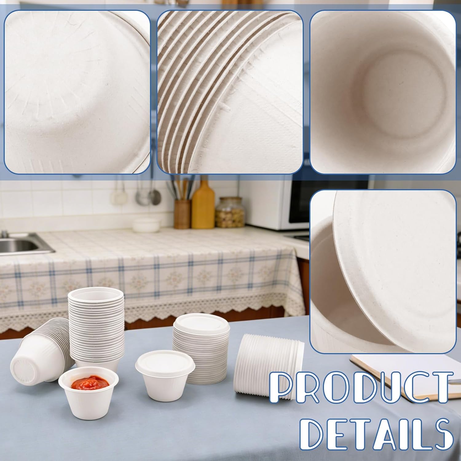 100-Pack 4 oz Disposable Paper Cups with Lids, White | Small Ice Cream Cups, 4 Ounce Natural Bagasse Fiber Recycleable Paper Bowls for Portion Condiments, Sauce, Souffle