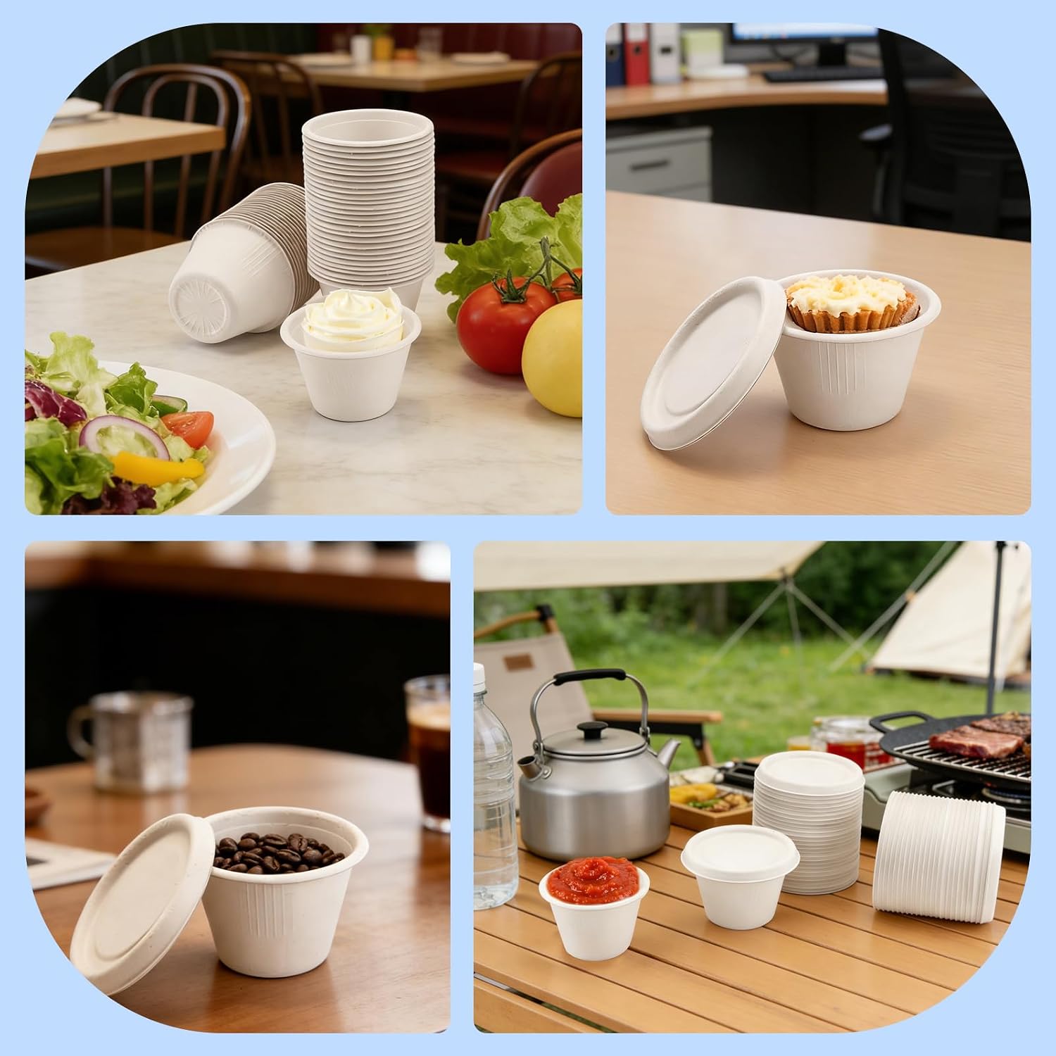 100-Pack 4 oz Disposable Paper Cups with Lids, White | Small Ice Cream Cups, 4 Ounce Natural Bagasse Fiber Recycleable Paper Bowls for Portion Condiments, Sauce, Souffle