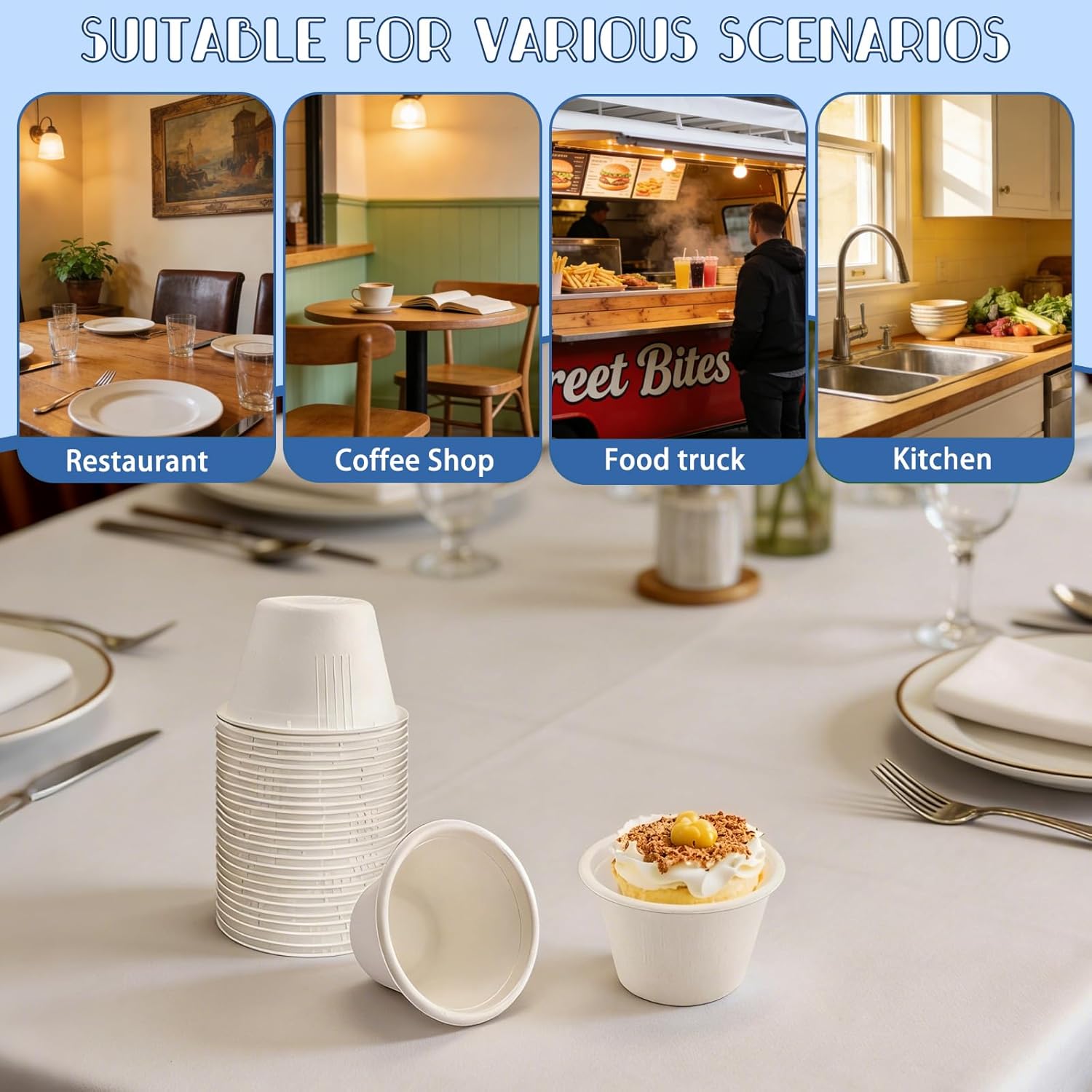 100-Pack 4 oz Disposable Paper Cups with Lids, White | Small Ice Cream Cups, 4 Ounce Natural Bagasse Fiber Recycleable Paper Bowls for Portion Condiments, Sauce, Souffle