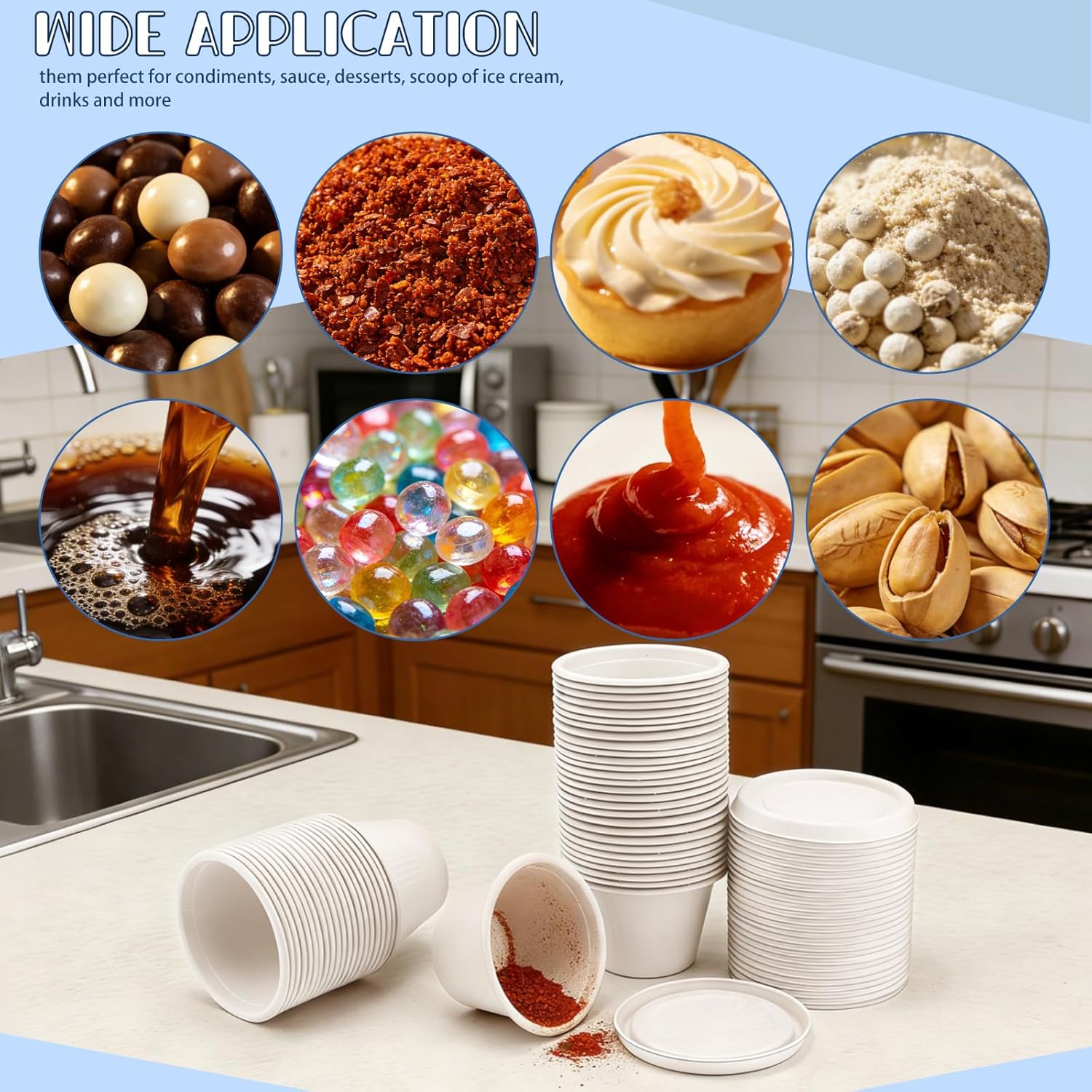 100-Pack 4 oz Disposable Paper Cups with Lids, White | Small Ice Cream Cups, 4 Ounce Natural Bagasse Fiber Recycleable Paper Bowls for Portion Condiments, Sauce, Souffle