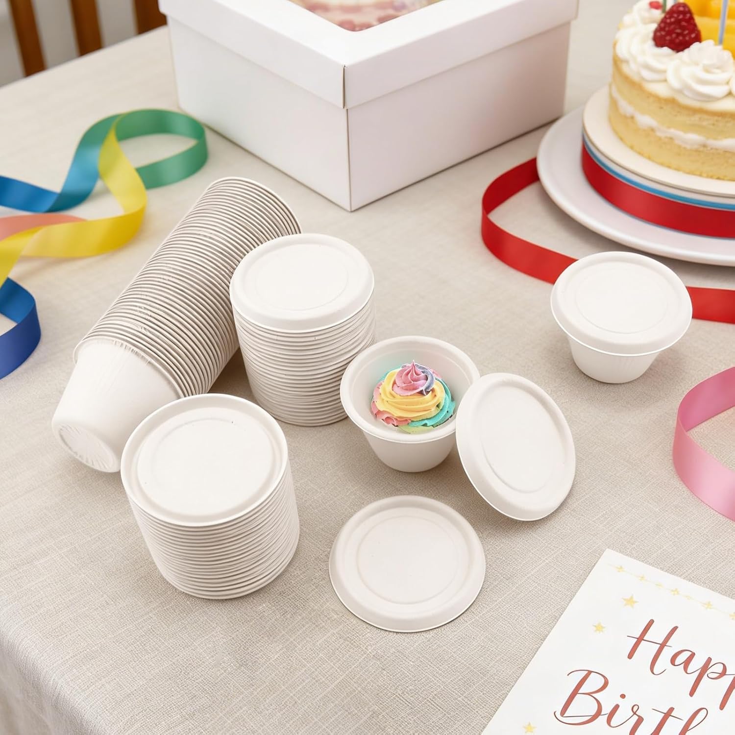 100-Pack 4 oz Disposable Paper Cups with Lids, White | Small Ice Cream Cups, 4 Ounce Natural Bagasse Fiber Recycleable Paper Bowls for Portion Condiments, Sauce, Souffle