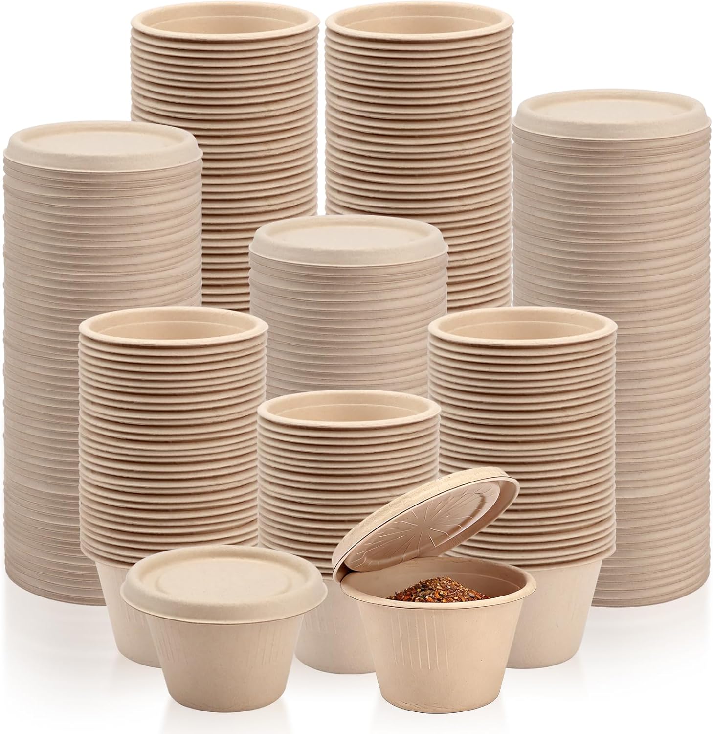 100-Pack 4 oz Disposable Paper Cups with Lids, White | Small Ice Cream Cups, 4 Ounce Natural Bagasse Fiber Recycleable Paper Bowls for Portion Condiments, Sauce, Souffle