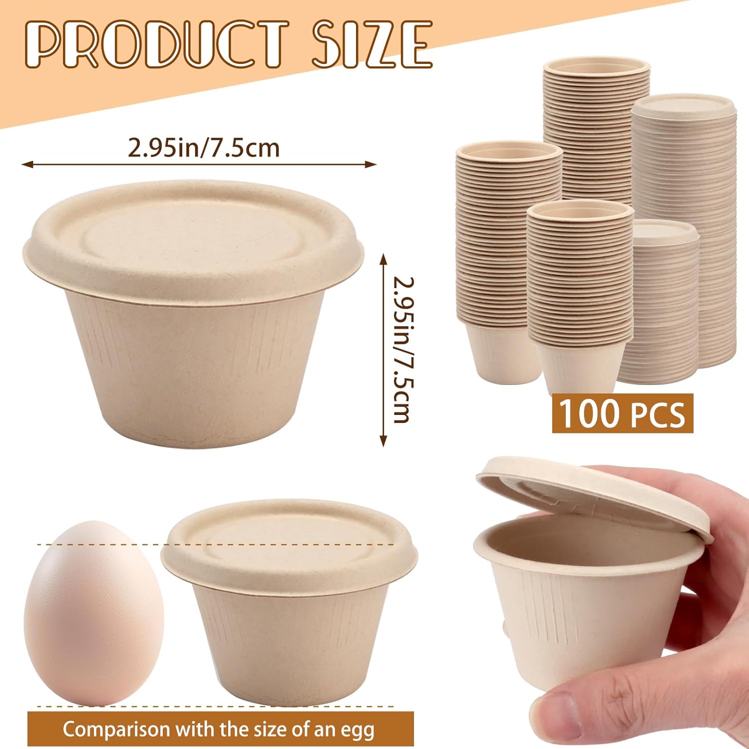 100-Pack 4 oz Disposable Paper Cups with Lids, White | Small Ice Cream Cups, 4 Ounce Natural Bagasse Fiber Recycleable Paper Bowls for Portion Condiments, Sauce, Souffle