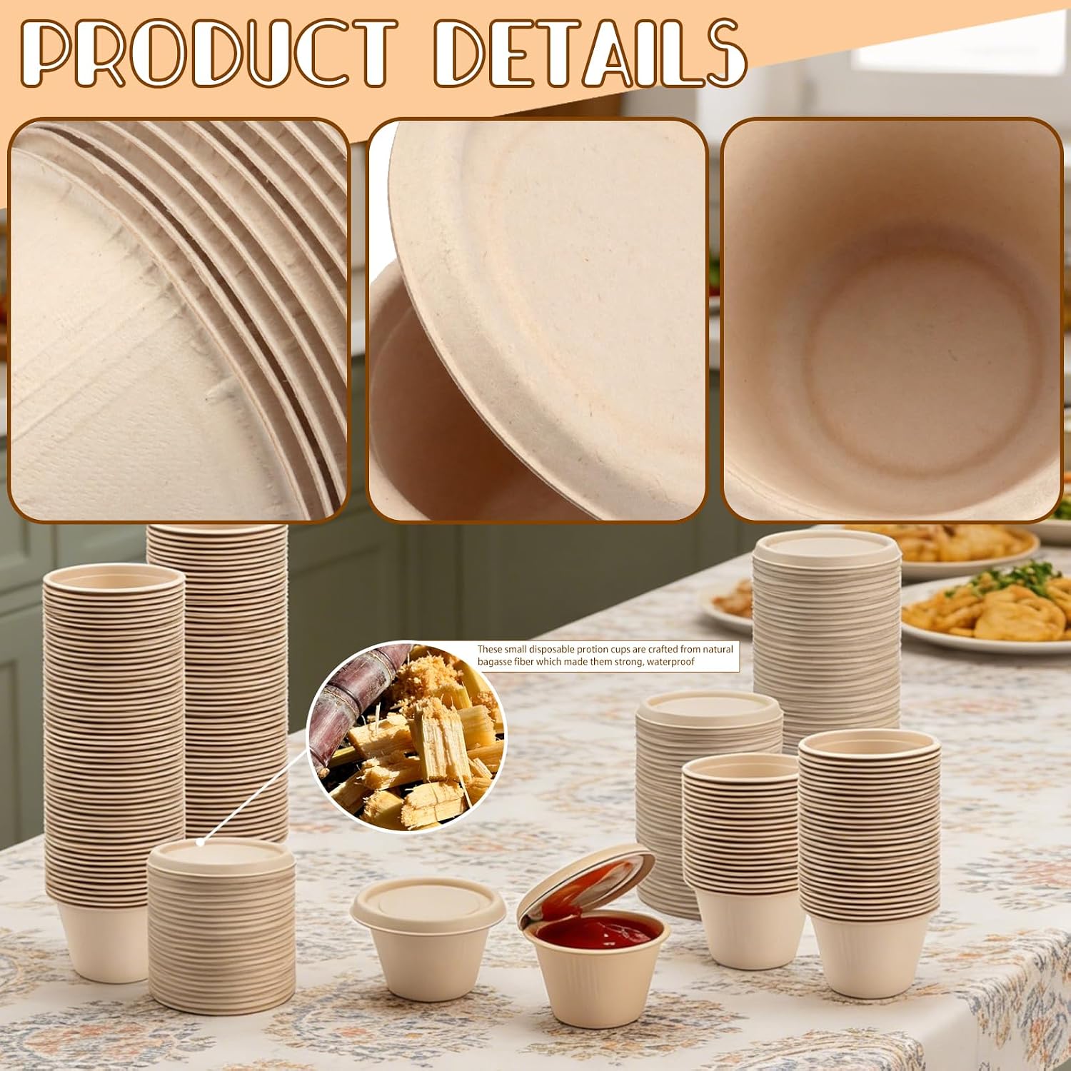 100-Pack 4 oz Disposable Paper Cups with Lids, White | Small Ice Cream Cups, 4 Ounce Natural Bagasse Fiber Recycleable Paper Bowls for Portion Condiments, Sauce, Souffle