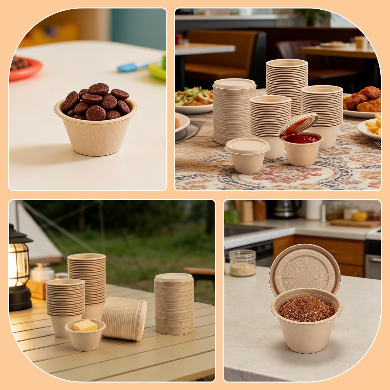 100-Pack 4 oz Disposable Paper Cups with Lids, White | Small Ice Cream Cups, 4 Ounce Natural Bagasse Fiber Recycleable Paper Bowls for Portion Condiments, Sauce, Souffle