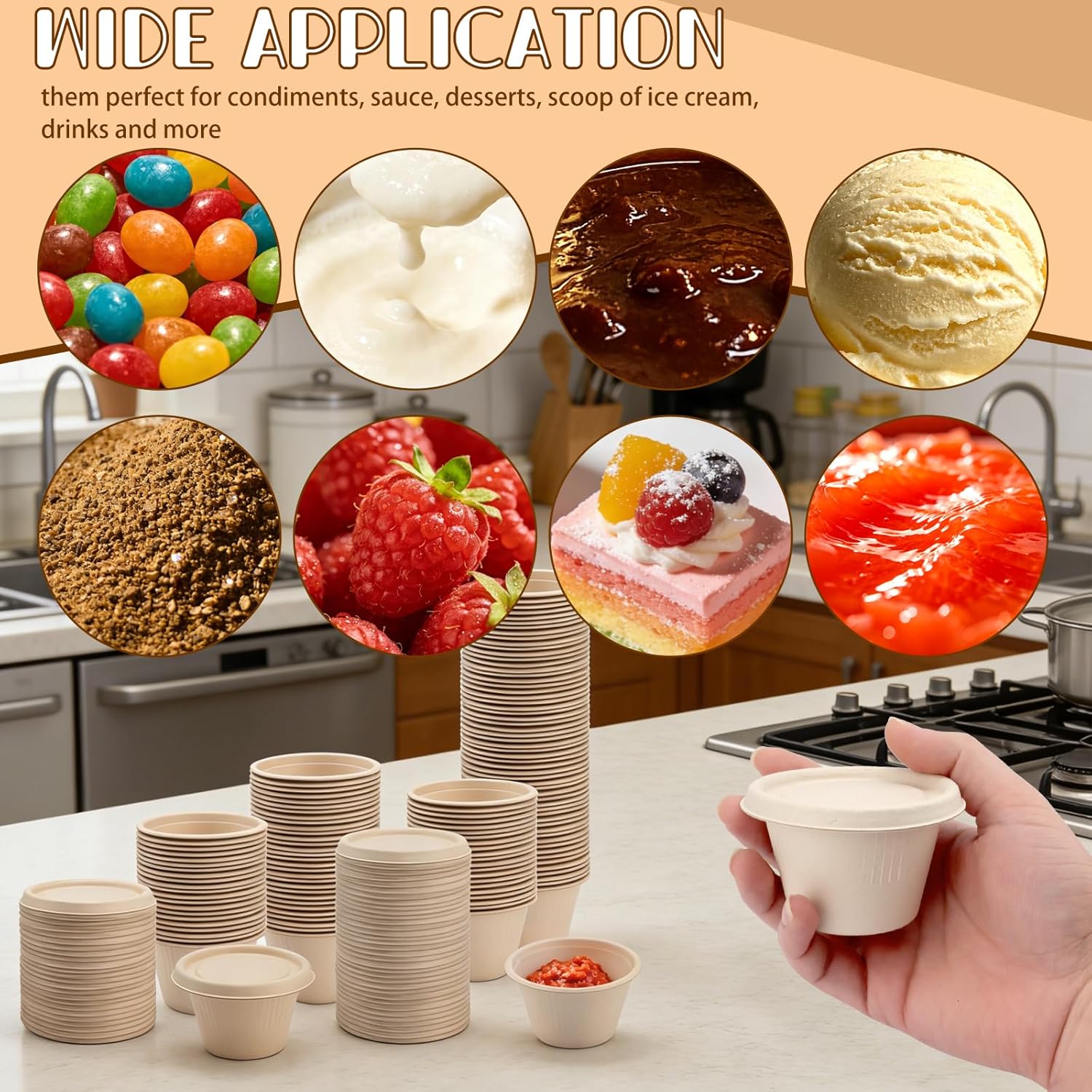 100-Pack 4 oz Disposable Paper Cups with Lids, White | Small Ice Cream Cups, 4 Ounce Natural Bagasse Fiber Recycleable Paper Bowls for Portion Condiments, Sauce, Souffle