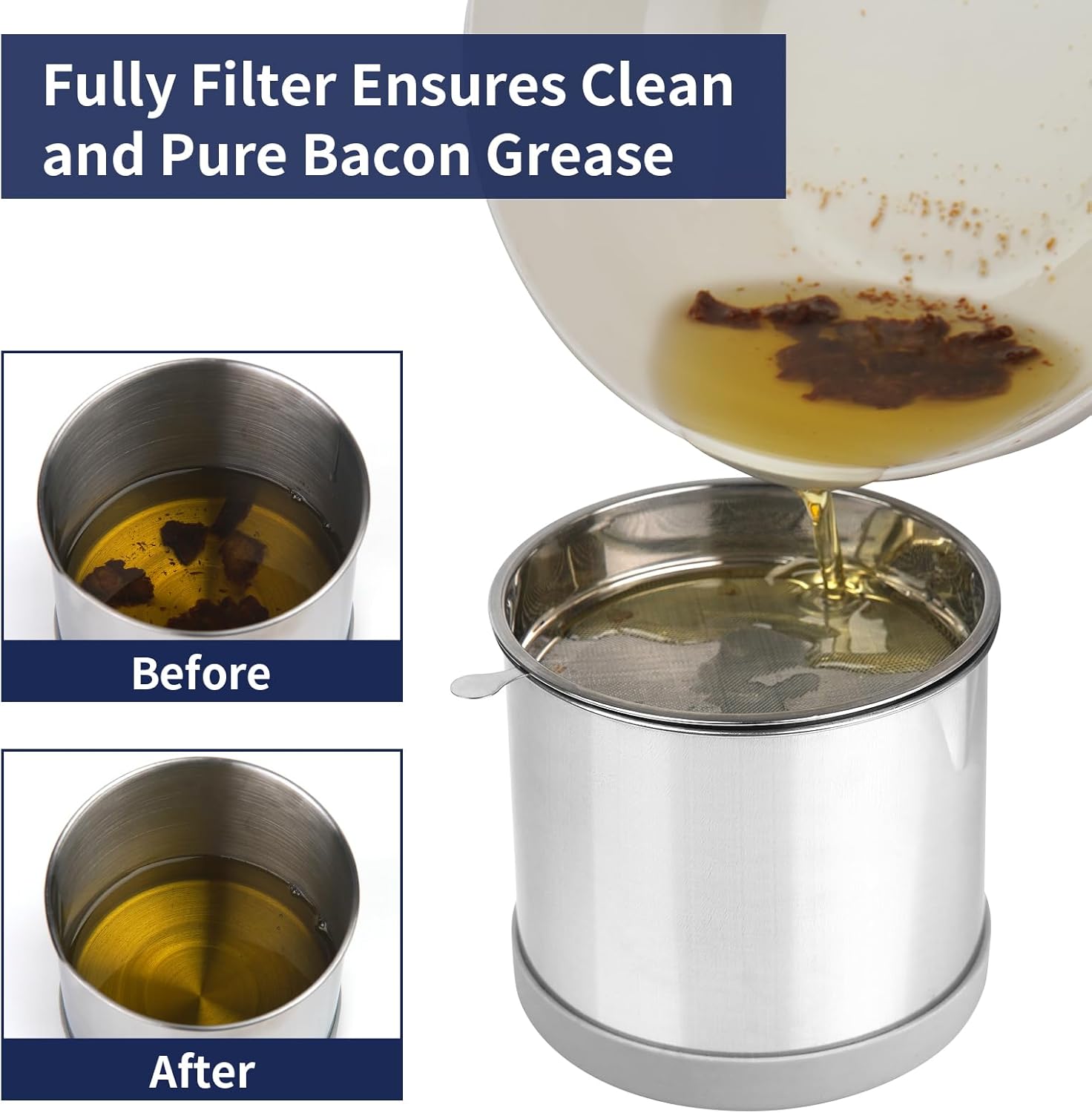 1.2L Bacon Grease Container with Fine Mesh Strainer | Non-Slip Silicone Base, Fine Mesh Filter, Non-Slip, Cooking Oil Keeper, Fat Storage Holder for Kitchen Use