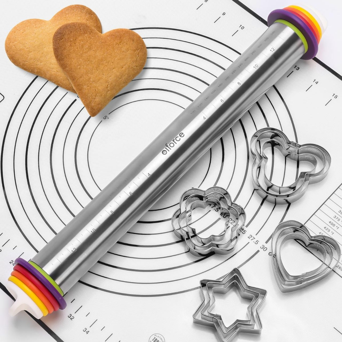 13.6" Stainless Steel Rolling Pin with 4 Thickness Rings & Cookie Molds | Comes with Pastry Baking Mat, Adjustable Dough Roller for Pizza, Cookie, Bread & Pie Crusts