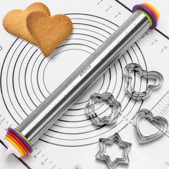 13.6" Stainless Steel Rolling Pin with 4 Thickness Rings & Cookie Molds | Comes with Pastry Baking Mat, Adjustable Dough Roller for Pizza, Cookie, Bread & Pie Crusts