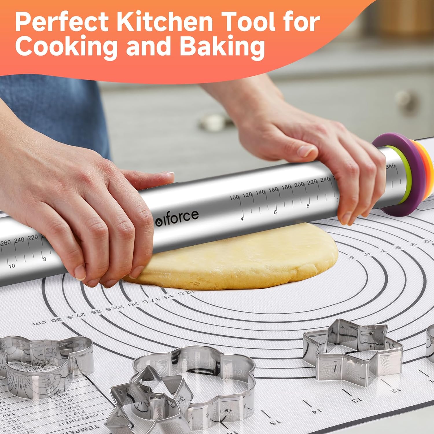 13.6" Stainless Steel Rolling Pin with 4 Thickness Rings & Cookie Molds | Comes with Pastry Baking Mat, Adjustable Dough Roller for Pizza, Cookie, Bread & Pie Crusts