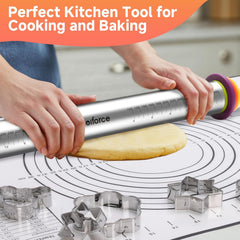 13.6" Stainless Steel Rolling Pin with 4 Thickness Rings & Cookie Molds | Comes with Pastry Baking Mat, Adjustable Dough Roller for Pizza, Cookie, Bread & Pie Crusts