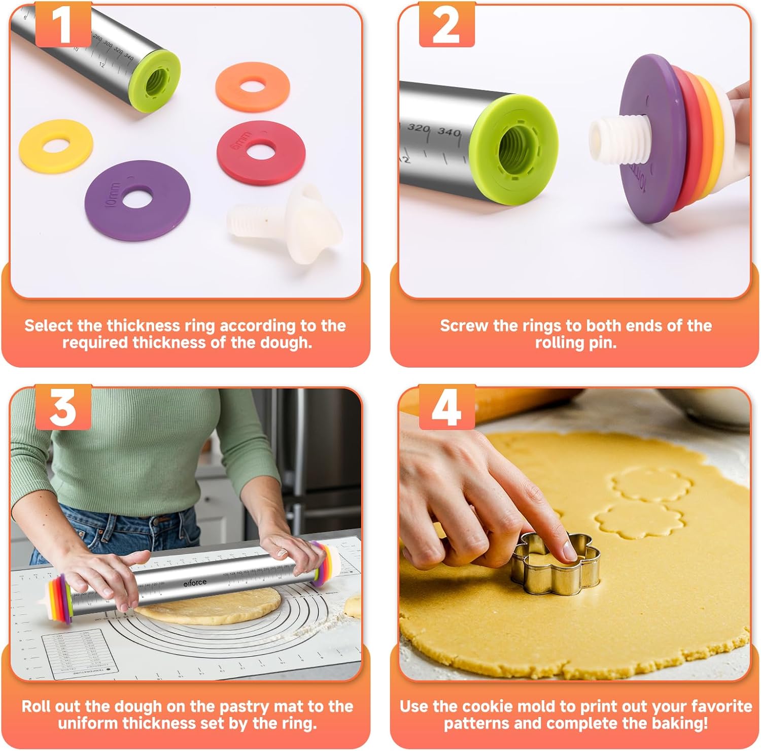 13.6" Stainless Steel Rolling Pin with 4 Thickness Rings & Cookie Molds | Comes with Pastry Baking Mat, Adjustable Dough Roller for Pizza, Cookie, Bread & Pie Crusts