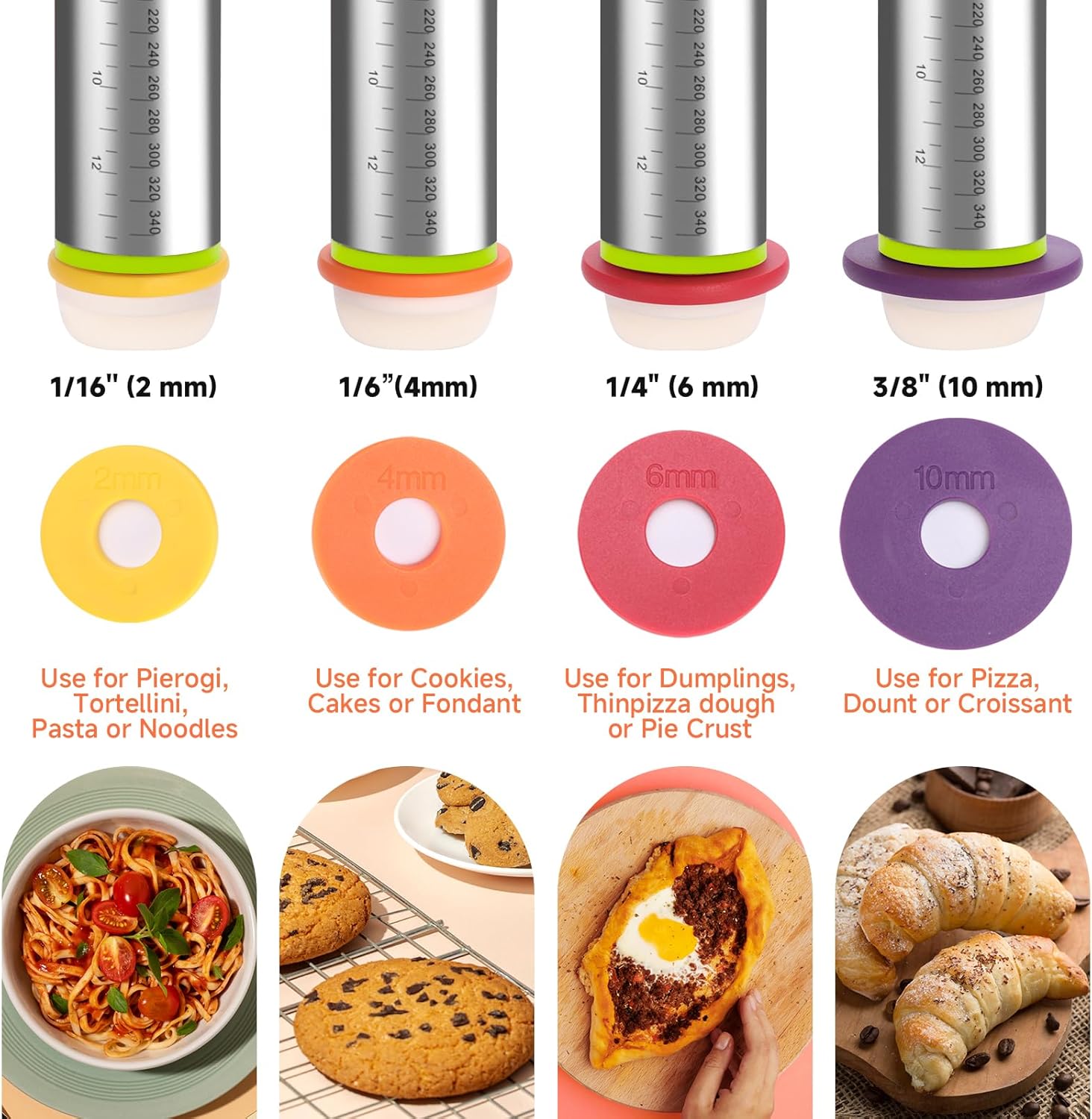 13.6" Stainless Steel Rolling Pin with 4 Thickness Rings & Cookie Molds | Comes with Pastry Baking Mat, Adjustable Dough Roller for Pizza, Cookie, Bread & Pie Crusts