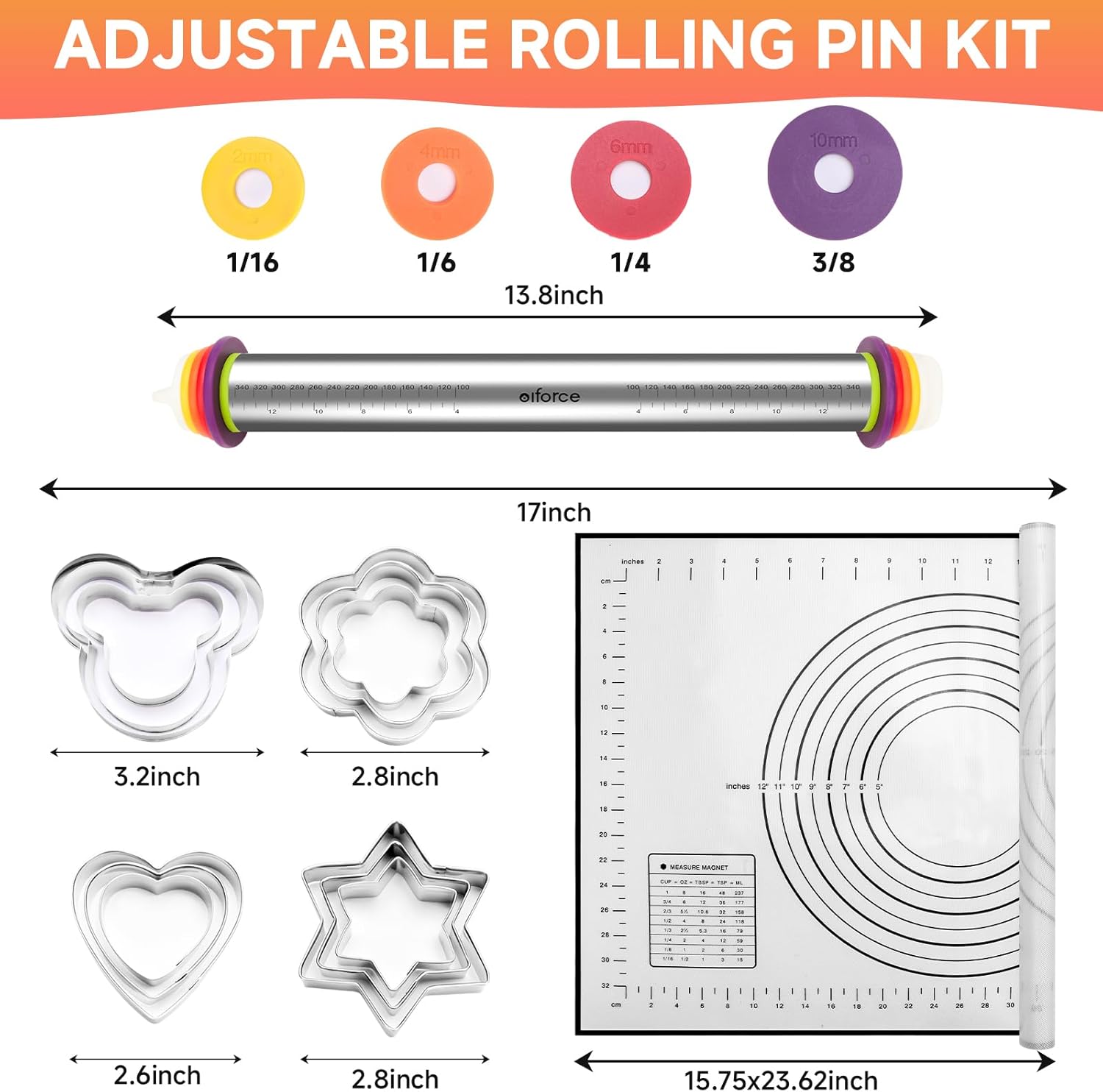 13.6" Stainless Steel Rolling Pin with 4 Thickness Rings & Cookie Molds | Comes with Pastry Baking Mat, Adjustable Dough Roller for Pizza, Cookie, Bread & Pie Crusts