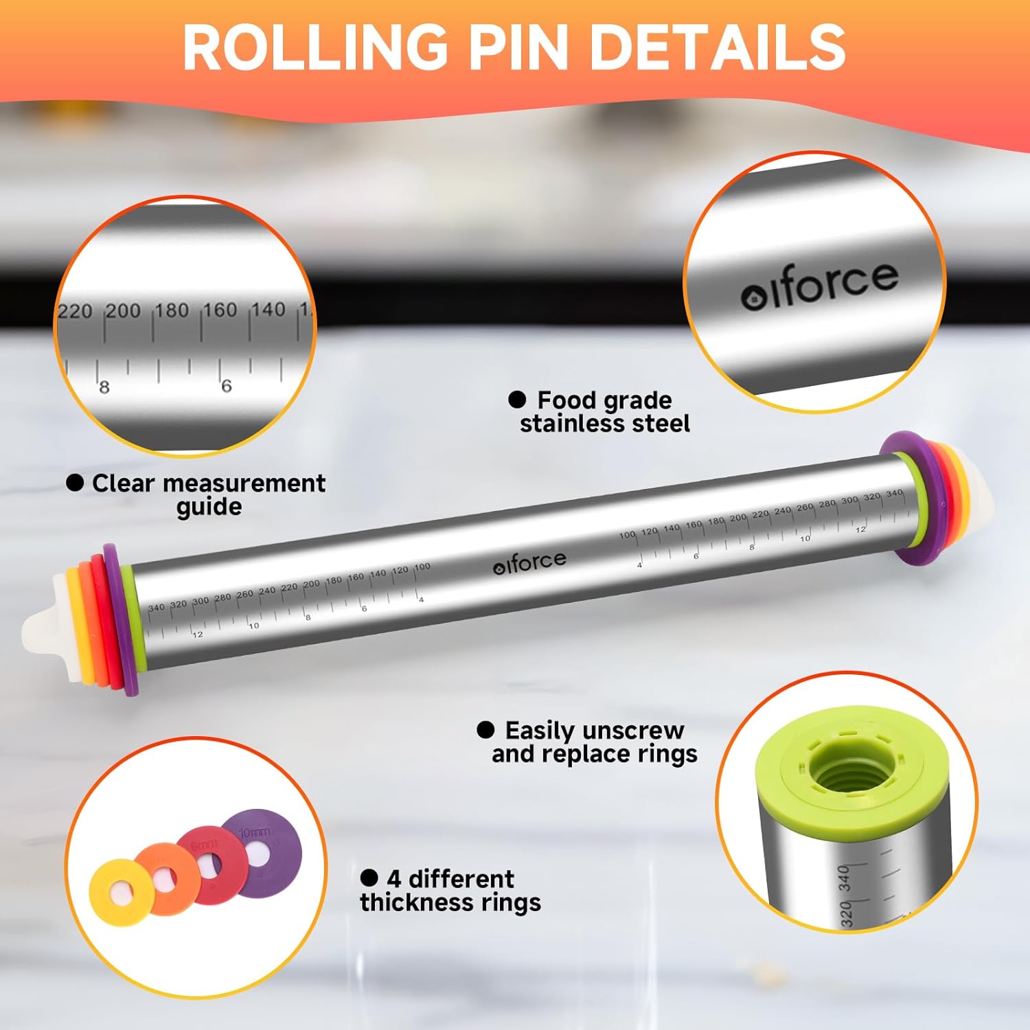 13.6" Stainless Steel Rolling Pin with 4 Thickness Rings & Cookie Molds | Comes with Pastry Baking Mat, Adjustable Dough Roller for Pizza, Cookie, Bread & Pie Crusts