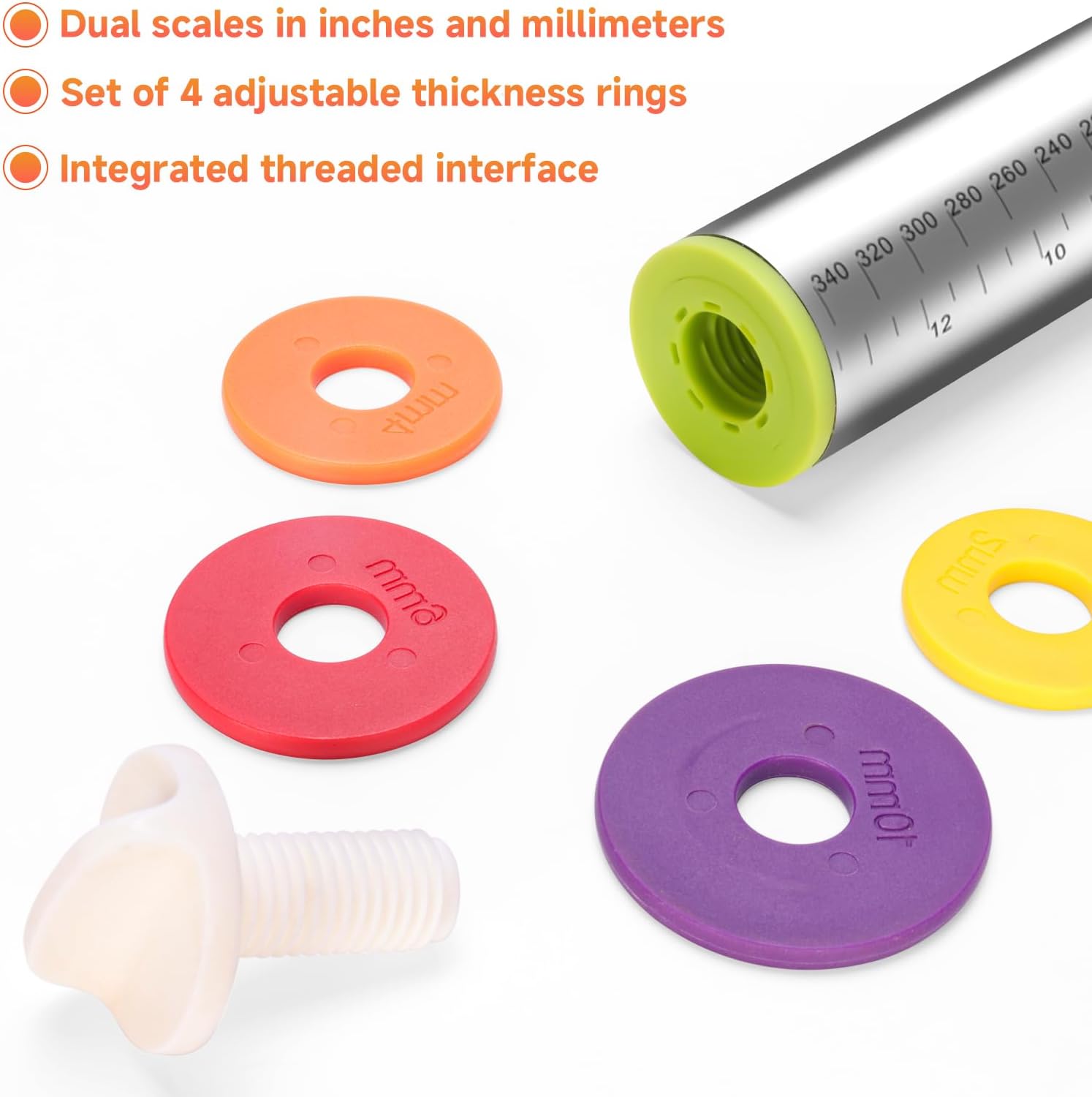 13.6" Stainless Steel Rolling Pin with 4 Thickness Rings & Cookie Molds | Comes with Pastry Baking Mat, Adjustable Dough Roller for Pizza, Cookie, Bread & Pie Crusts
