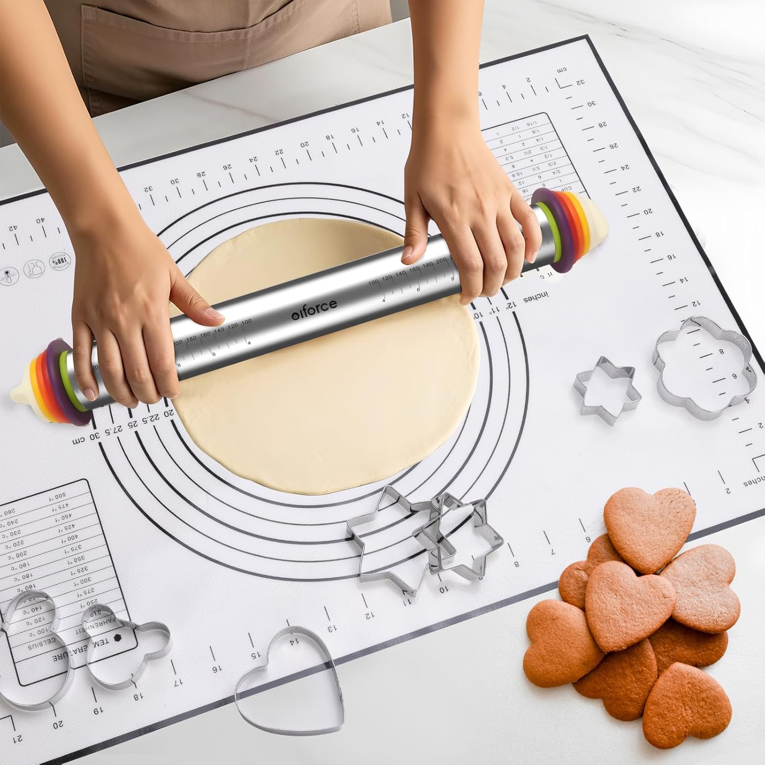 13.6" Stainless Steel Rolling Pin with 4 Thickness Rings & Cookie Molds | Comes with Pastry Baking Mat, Adjustable Dough Roller for Pizza, Cookie, Bread & Pie Crusts