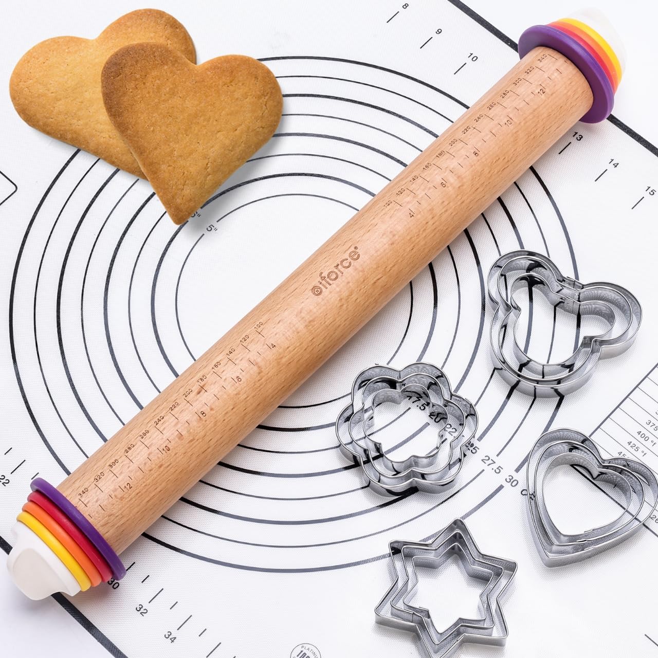13.6" Stainless Steel Rolling Pin with 4 Thickness Rings & Cookie Molds | Comes with Pastry Baking Mat, Adjustable Dough Roller for Pizza, Cookie, Bread & Pie Crusts