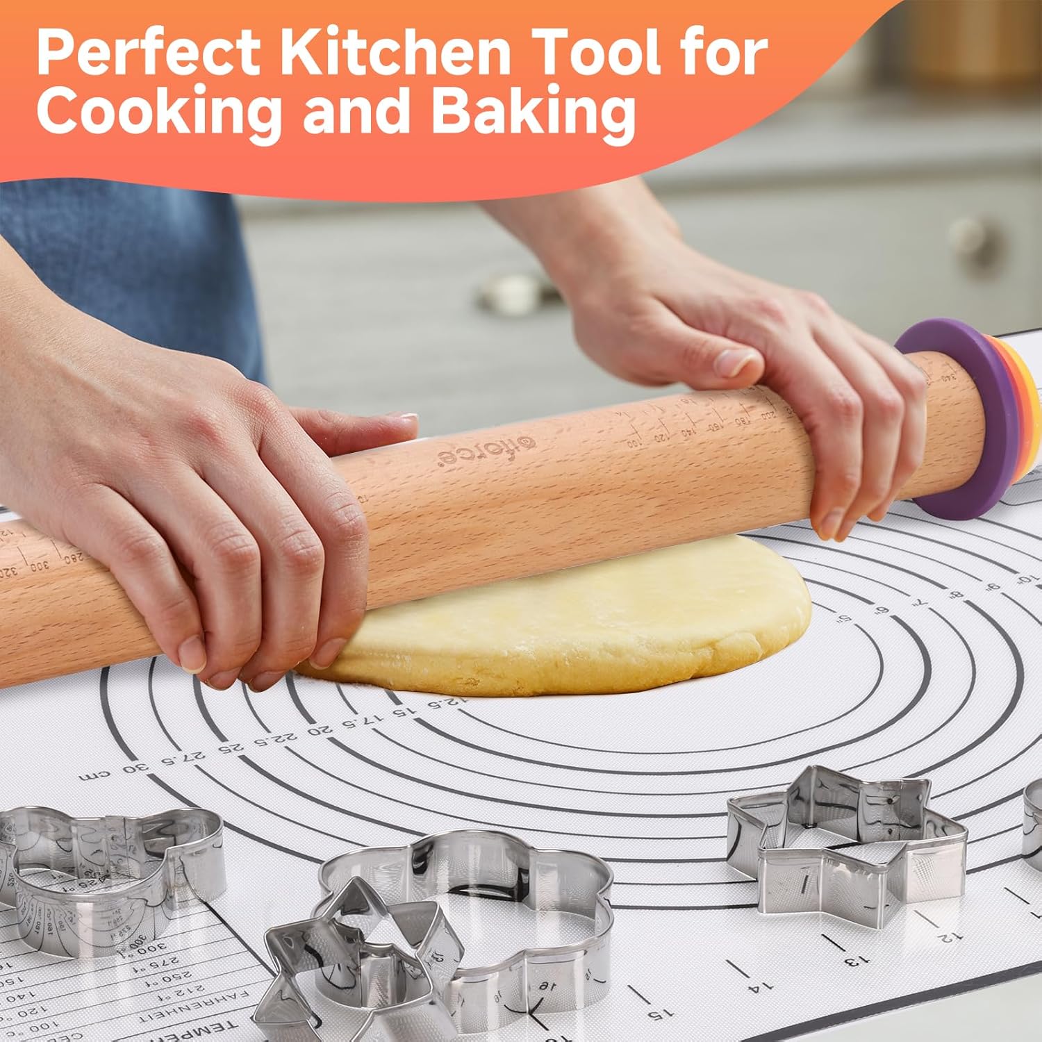13.6" Stainless Steel Rolling Pin with 4 Thickness Rings & Cookie Molds | Comes with Pastry Baking Mat, Adjustable Dough Roller for Pizza, Cookie, Bread & Pie Crusts
