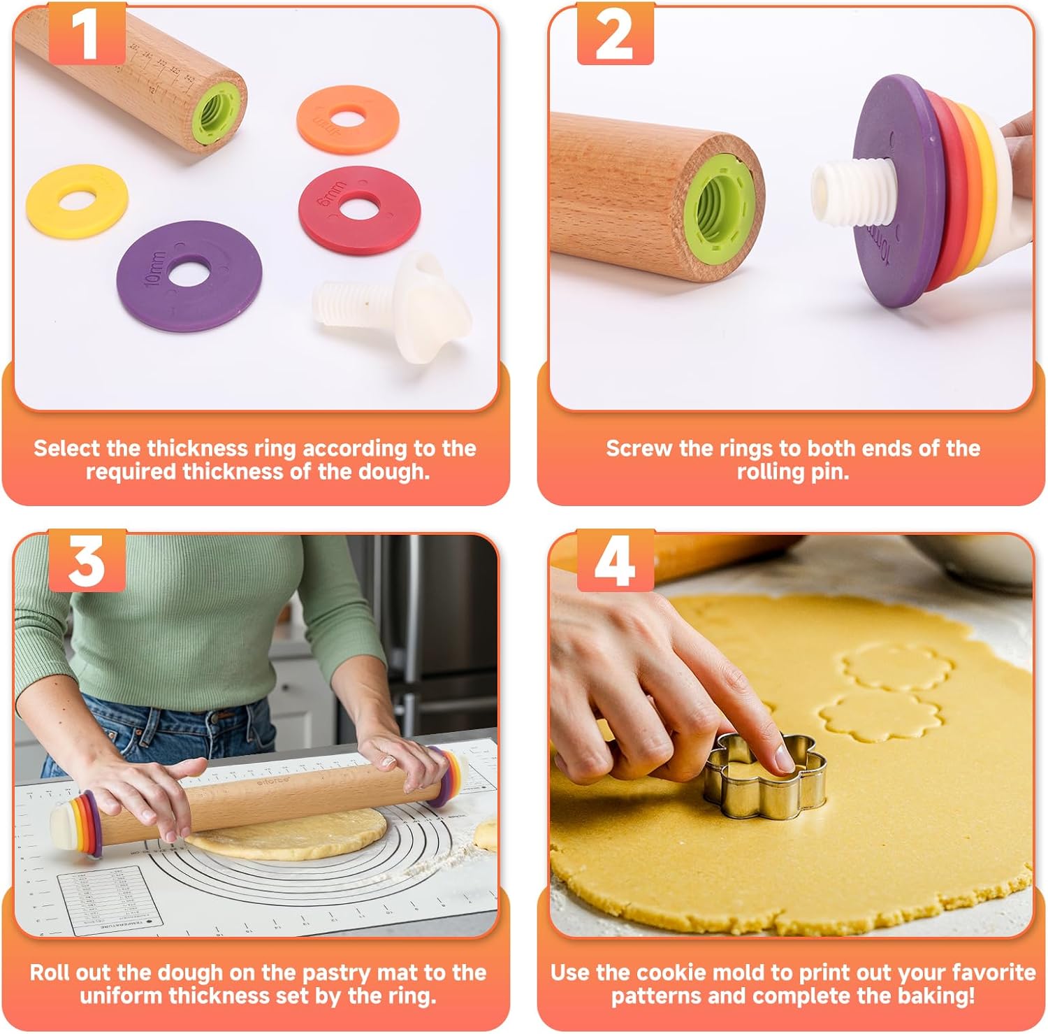 13.6" Stainless Steel Rolling Pin with 4 Thickness Rings & Cookie Molds | Comes with Pastry Baking Mat, Adjustable Dough Roller for Pizza, Cookie, Bread & Pie Crusts
