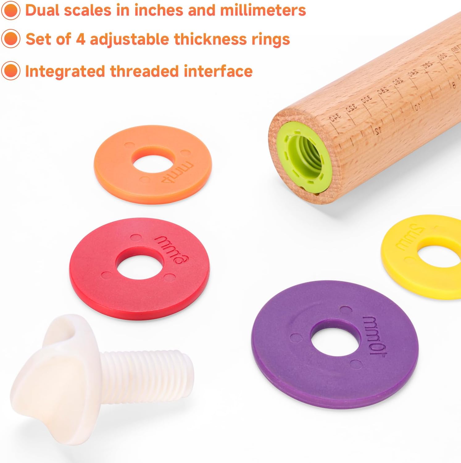 13.6" Stainless Steel Rolling Pin with 4 Thickness Rings & Cookie Molds | Comes with Pastry Baking Mat, Adjustable Dough Roller for Pizza, Cookie, Bread & Pie Crusts
