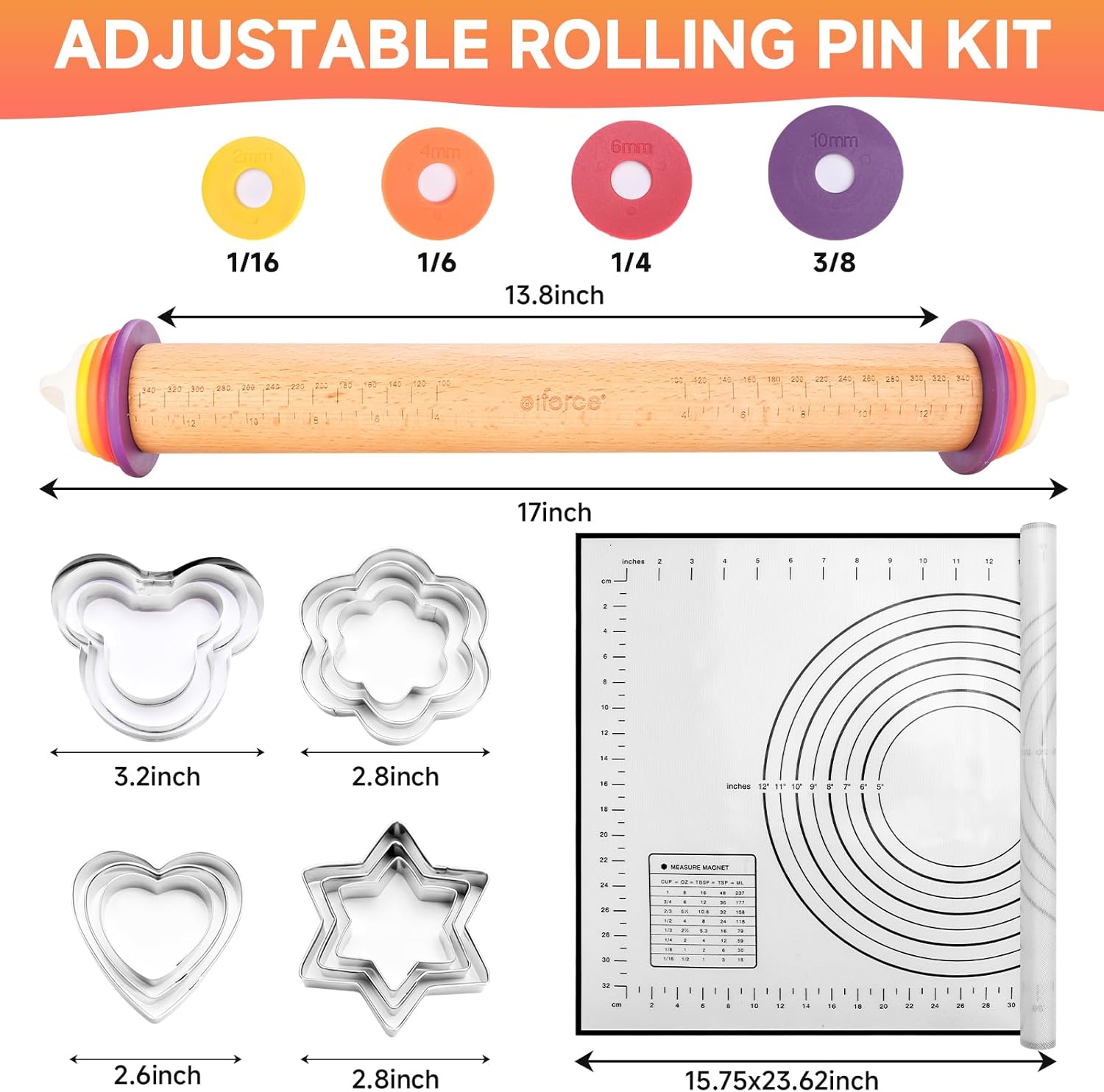 13.6" Stainless Steel Rolling Pin with 4 Thickness Rings & Cookie Molds | Comes with Pastry Baking Mat, Adjustable Dough Roller for Pizza, Cookie, Bread & Pie Crusts