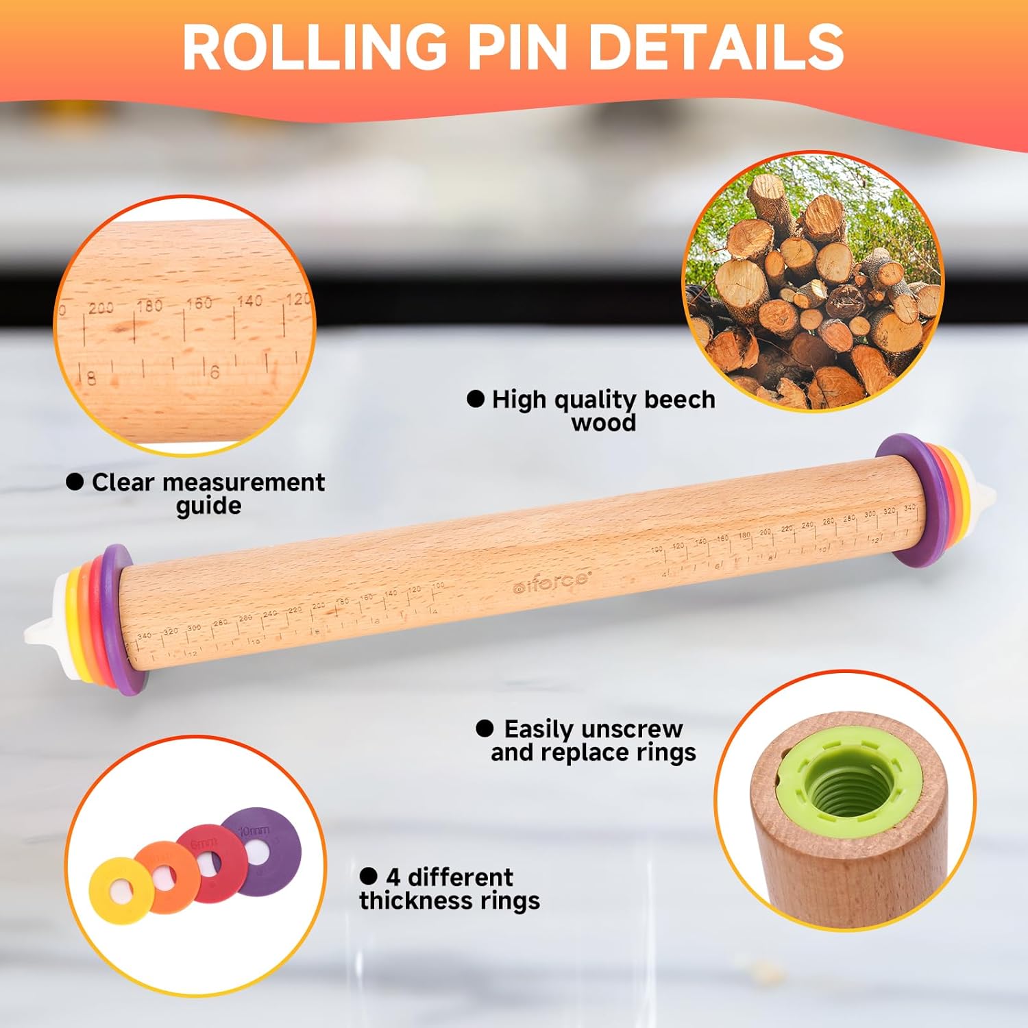13.6" Stainless Steel Rolling Pin with 4 Thickness Rings & Cookie Molds | Comes with Pastry Baking Mat, Adjustable Dough Roller for Pizza, Cookie, Bread & Pie Crusts