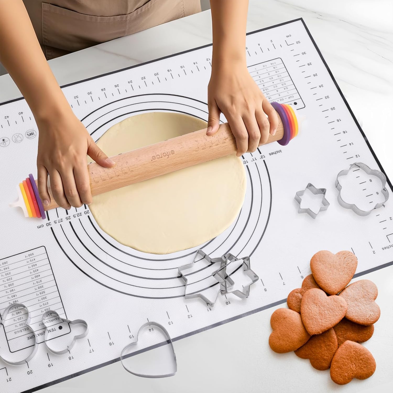 13.6" Stainless Steel Rolling Pin with 4 Thickness Rings & Cookie Molds | Comes with Pastry Baking Mat, Adjustable Dough Roller for Pizza, Cookie, Bread & Pie Crusts
