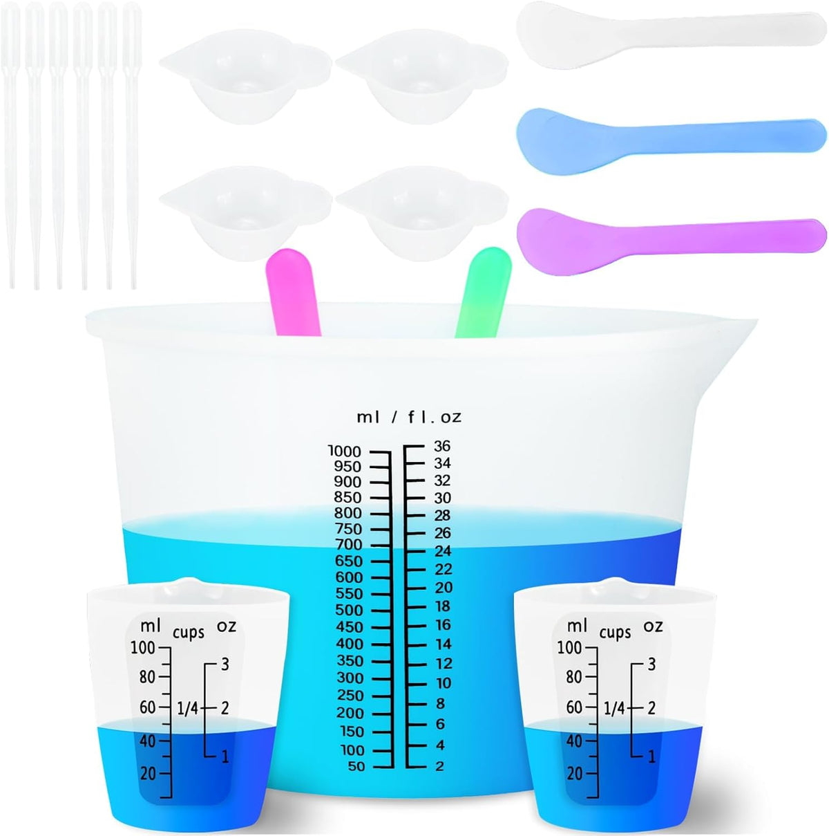 1000ML Large Silicone Measuring Cups for Resin, Easy to Read 36oz Silicone Mixing Bowl with 100ML Mixing Cup, Easy Clean Reusable Epoxy Resin Supplies with Stir Stick, Pipettes