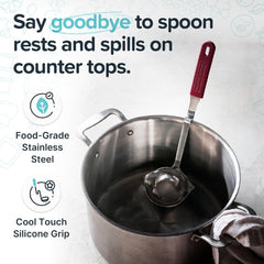 + Lori Greiner No Mess Stainless Steel Soup Ladle with Silicone Handle - Metal Soup Ladle with No Mess Design That Hooks on Side of Any Pot - Cranberry