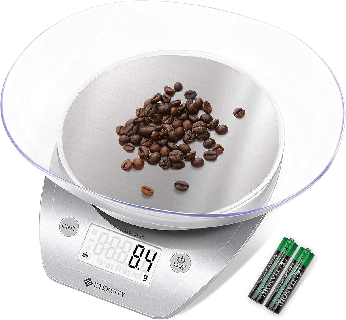 0.1g Food Kitchen Scale, Bowl, Digital Grams and Ounces for Weight Loss, Dieting, Baking, Cooking, and Meal Prep, 11lb/5kg, Stainless Steel Silver