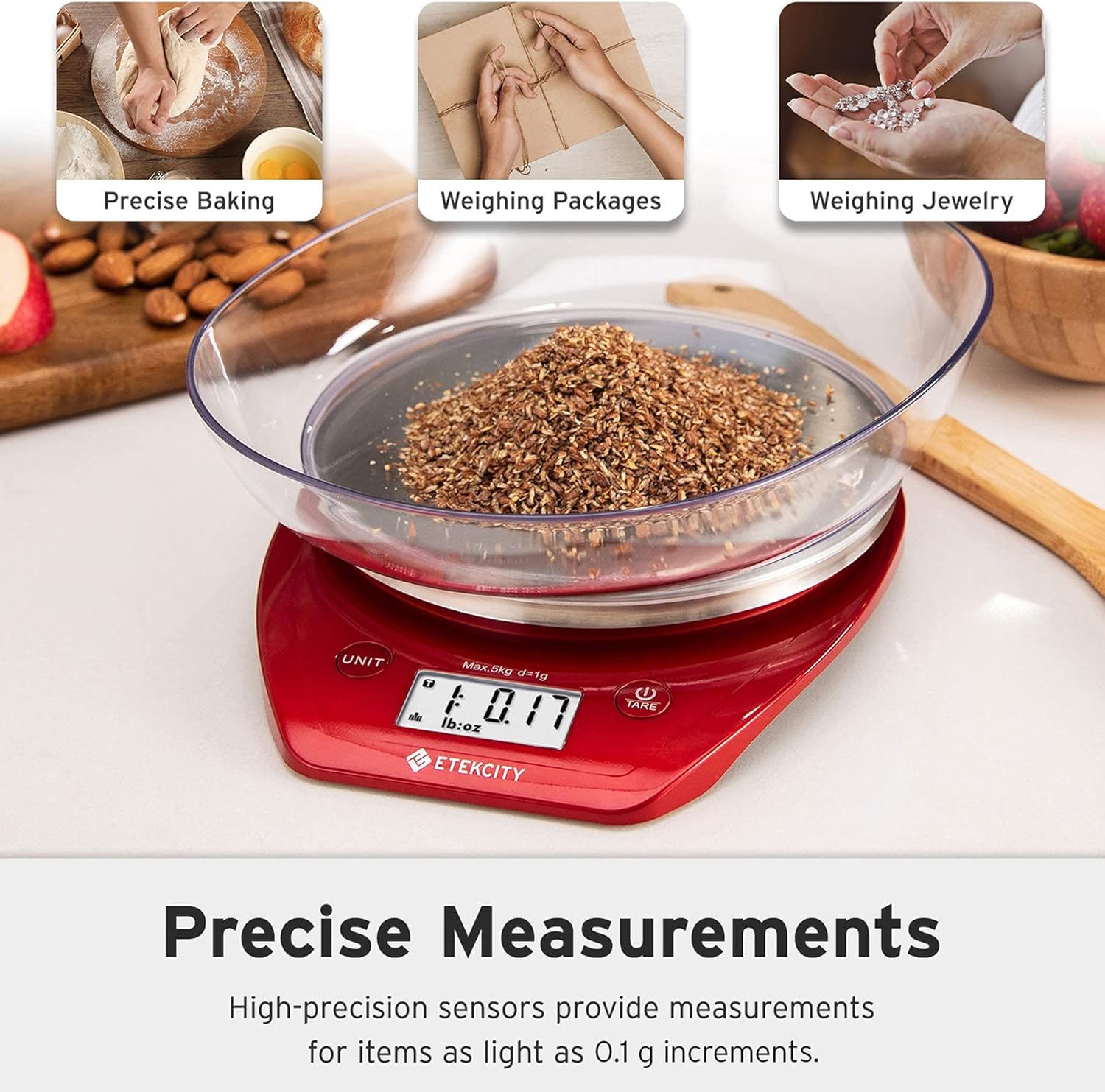 0.1g Food Kitchen Scale, Bowl, Digital Grams and Ounces for Weight Loss, Dieting, Baking, Cooking, and Meal Prep, 11lb/5kg, Stainless Steel Silver