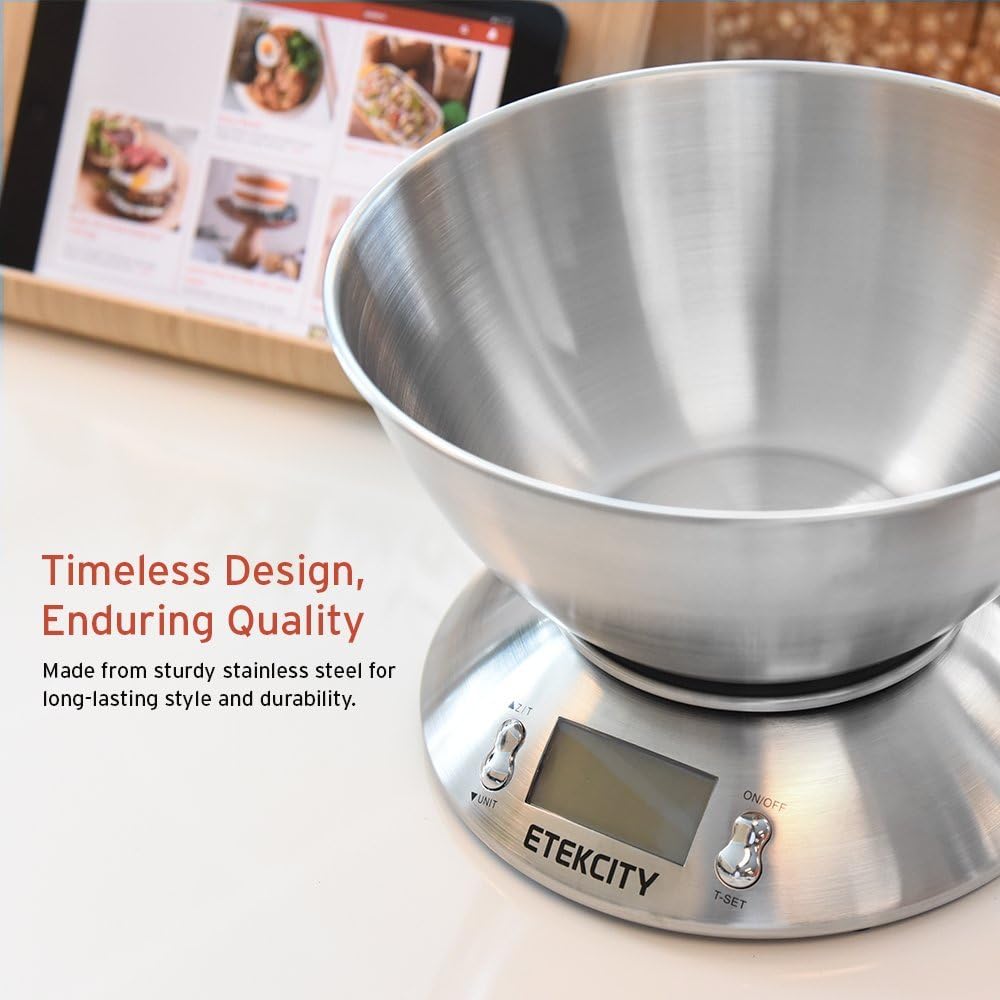0.1g Food Kitchen Scale, Bowl, Digital Grams and Ounces for Weight Loss, Dieting, Baking, Cooking, and Meal Prep, 11lb/5kg, Stainless Steel Silver
