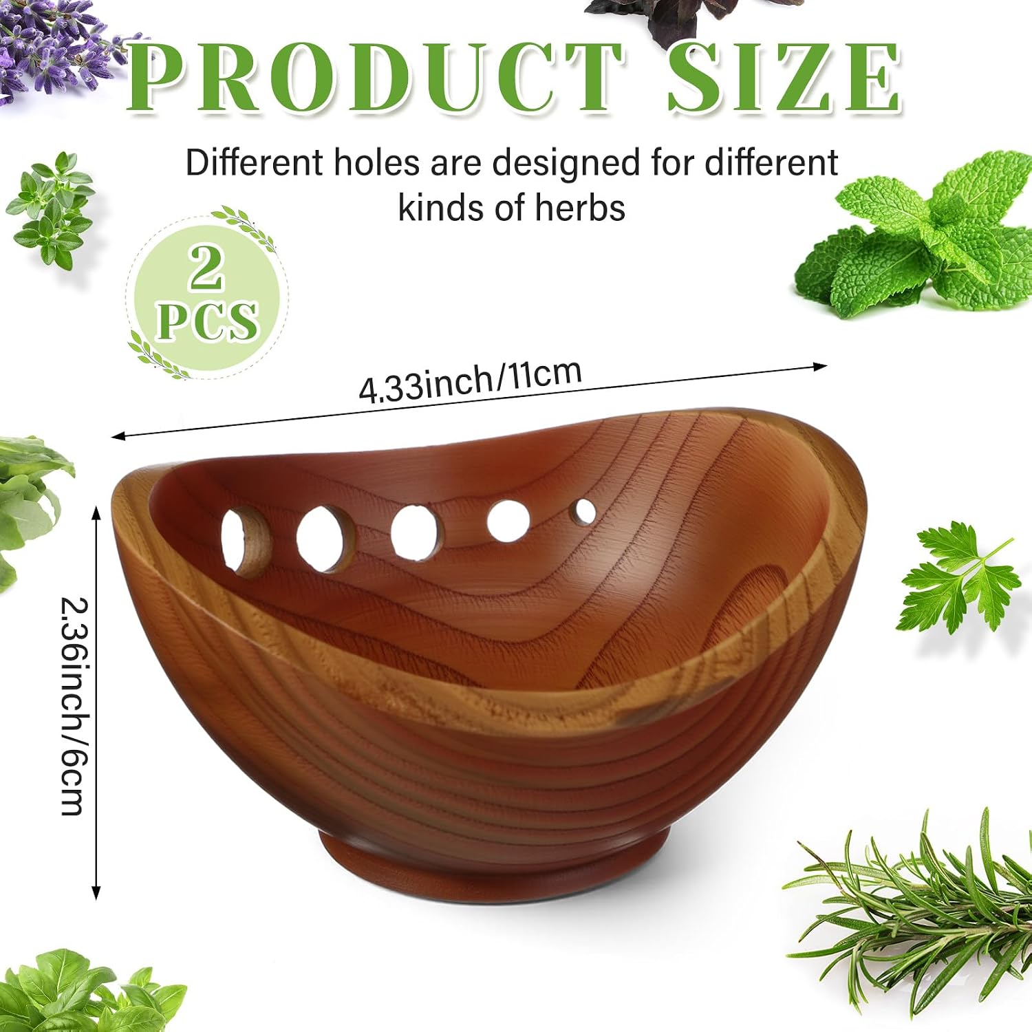 1 Pack Wooden Herb Stripper Bowls, Wood 5 Holes Kitchen Herbs Peeling Bowl, Leaf Stripping Peeler for Separating Leaves and Stems, Salads & Cooking, Pottery Kitchen Tool