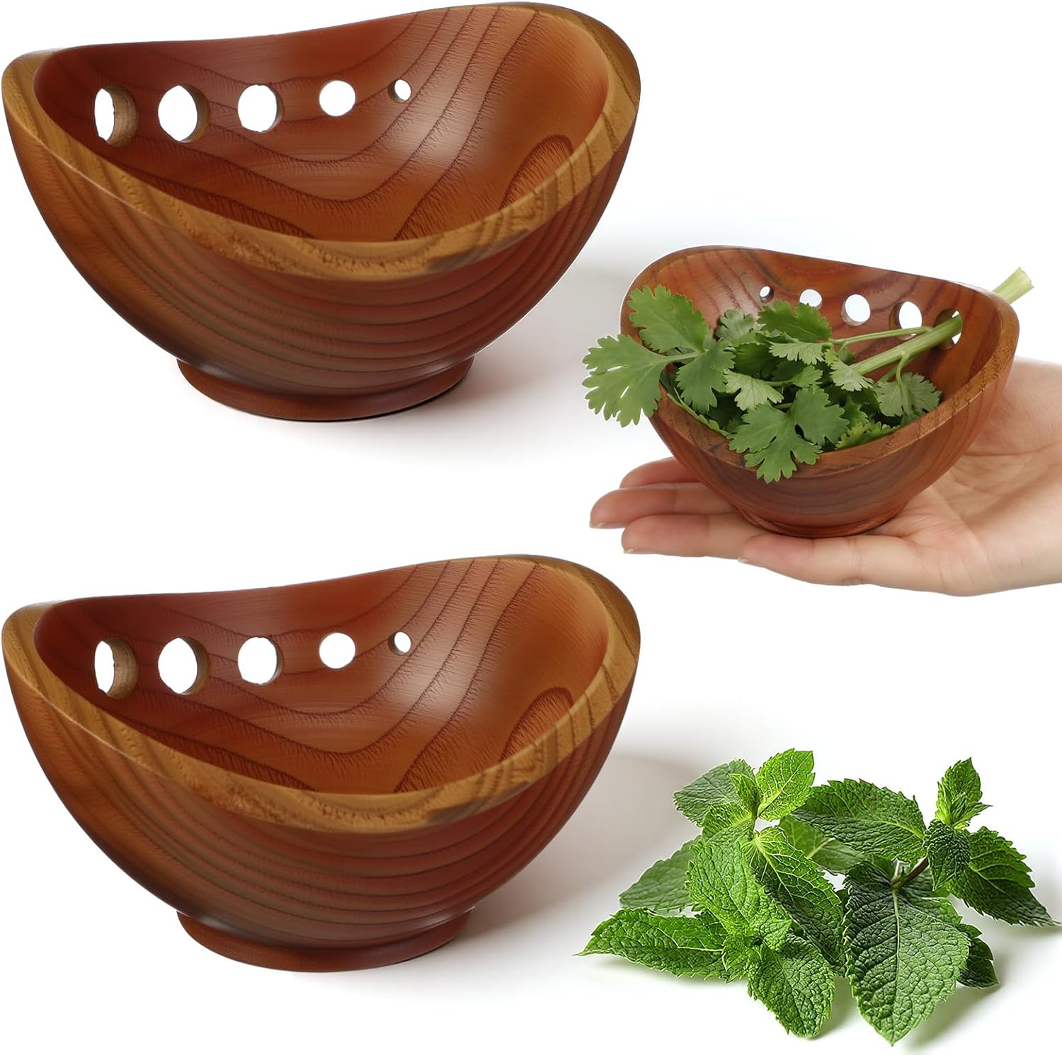 1 Pack Wooden Herb Stripper Bowls, Wood 5 Holes Kitchen Herbs Peeling Bowl, Leaf Stripping Peeler for Separating Leaves and Stems, Salads & Cooking, Pottery Kitchen Tool