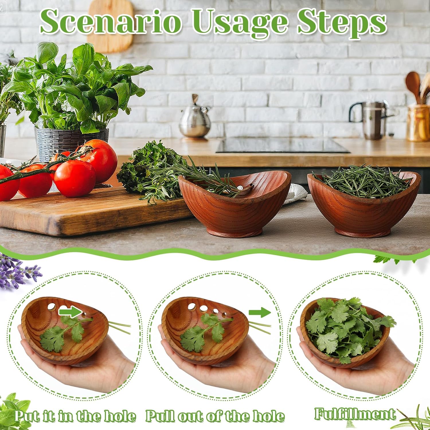 1 Pack Wooden Herb Stripper Bowls, Wood 5 Holes Kitchen Herbs Peeling Bowl, Leaf Stripping Peeler for Separating Leaves and Stems, Salads & Cooking, Pottery Kitchen Tool