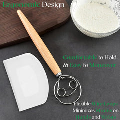 13 Inch Danish Dough Whisk with Dough Scraper, Dutch Bread Whisk with Stainless Steel Dough Hook, Sourdough Whisk for Baking, Bread Whisking Tool