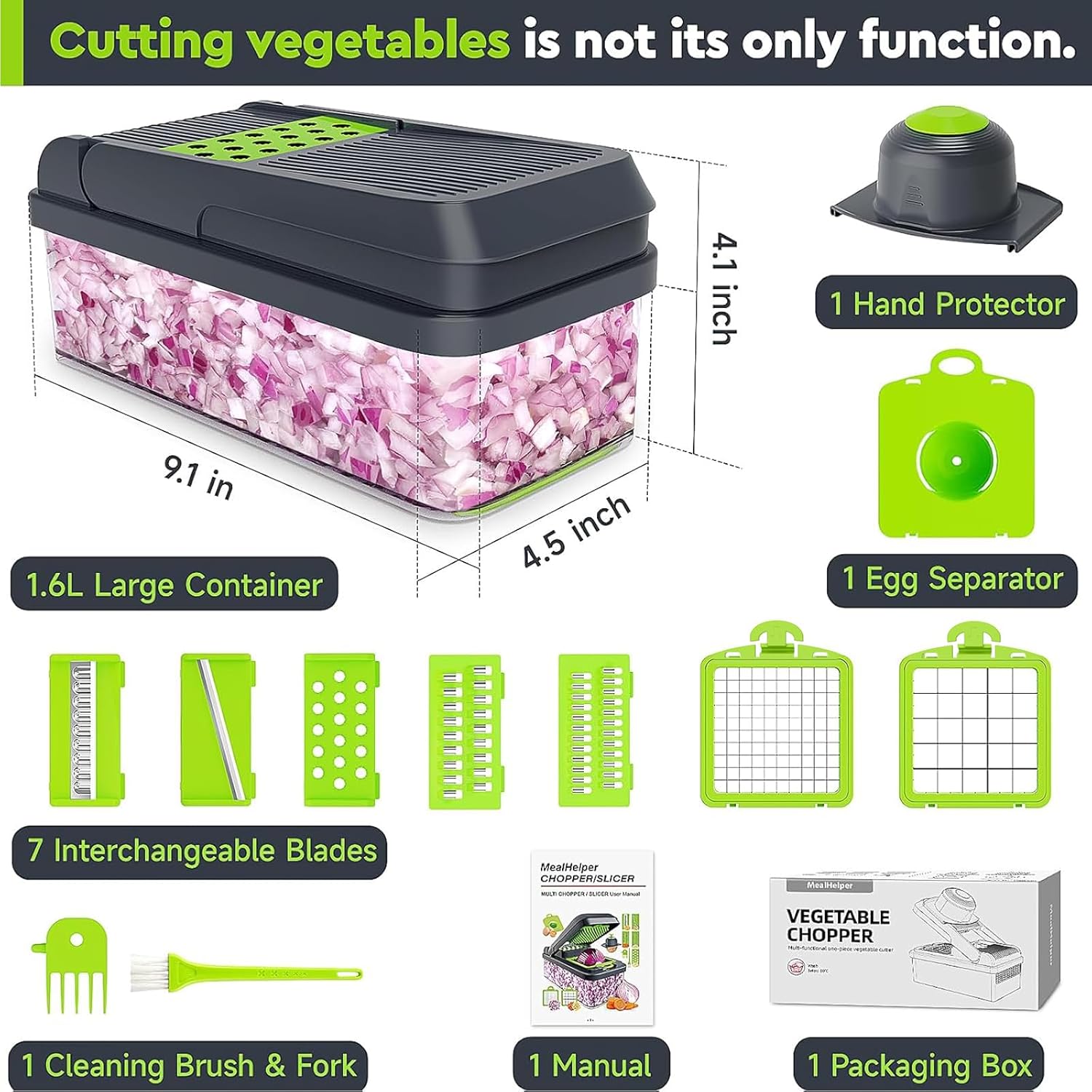 12-in-1 Vegetable Chopper, Food Veggie Chopper With Container | Kitchen Prep Tool, Cheese Grater, Home Essentials & Kitchen Gadgets, with Sharp Stainless Steel Blades(7 Blades, Green)
