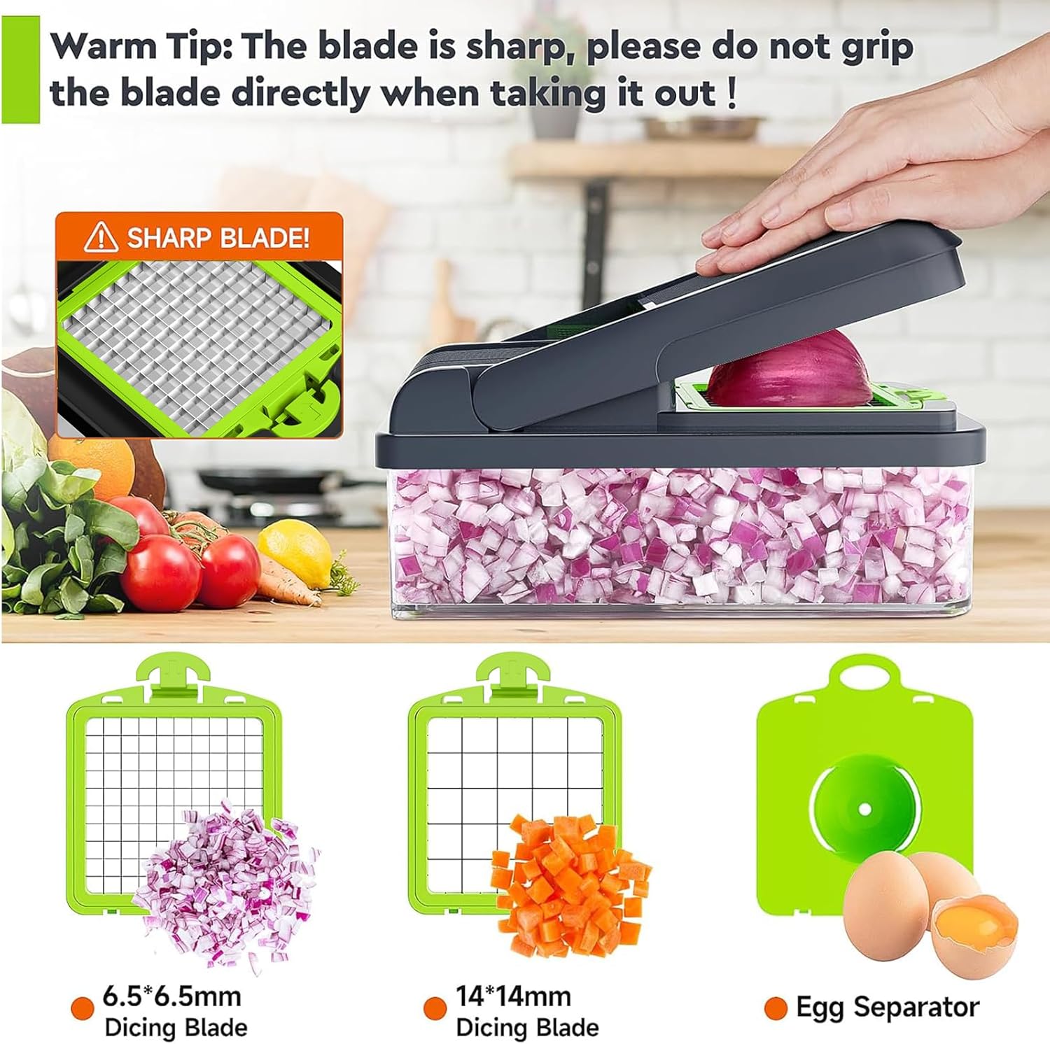 12-in-1 Vegetable Chopper, Food Veggie Chopper With Container | Kitchen Prep Tool, Cheese Grater, Home Essentials & Kitchen Gadgets, with Sharp Stainless Steel Blades(7 Blades, Green)