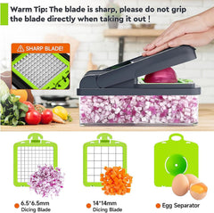 12-in-1 Vegetable Chopper, Food Veggie Chopper With Container | Kitchen Prep Tool, Cheese Grater, Home Essentials & Kitchen Gadgets, with Sharp Stainless Steel Blades(7 Blades, Green)