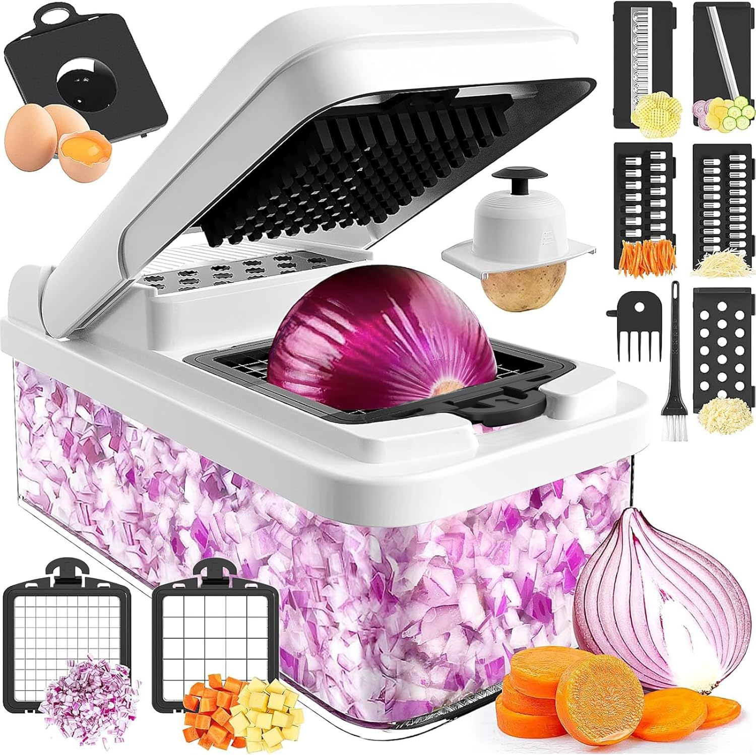 12-in-1 Vegetable Chopper, Food Veggie Chopper With Container | Kitchen Prep Tool, Cheese Grater, Home Essentials & Kitchen Gadgets, with Sharp Stainless Steel Blades(7 Blades, Green)