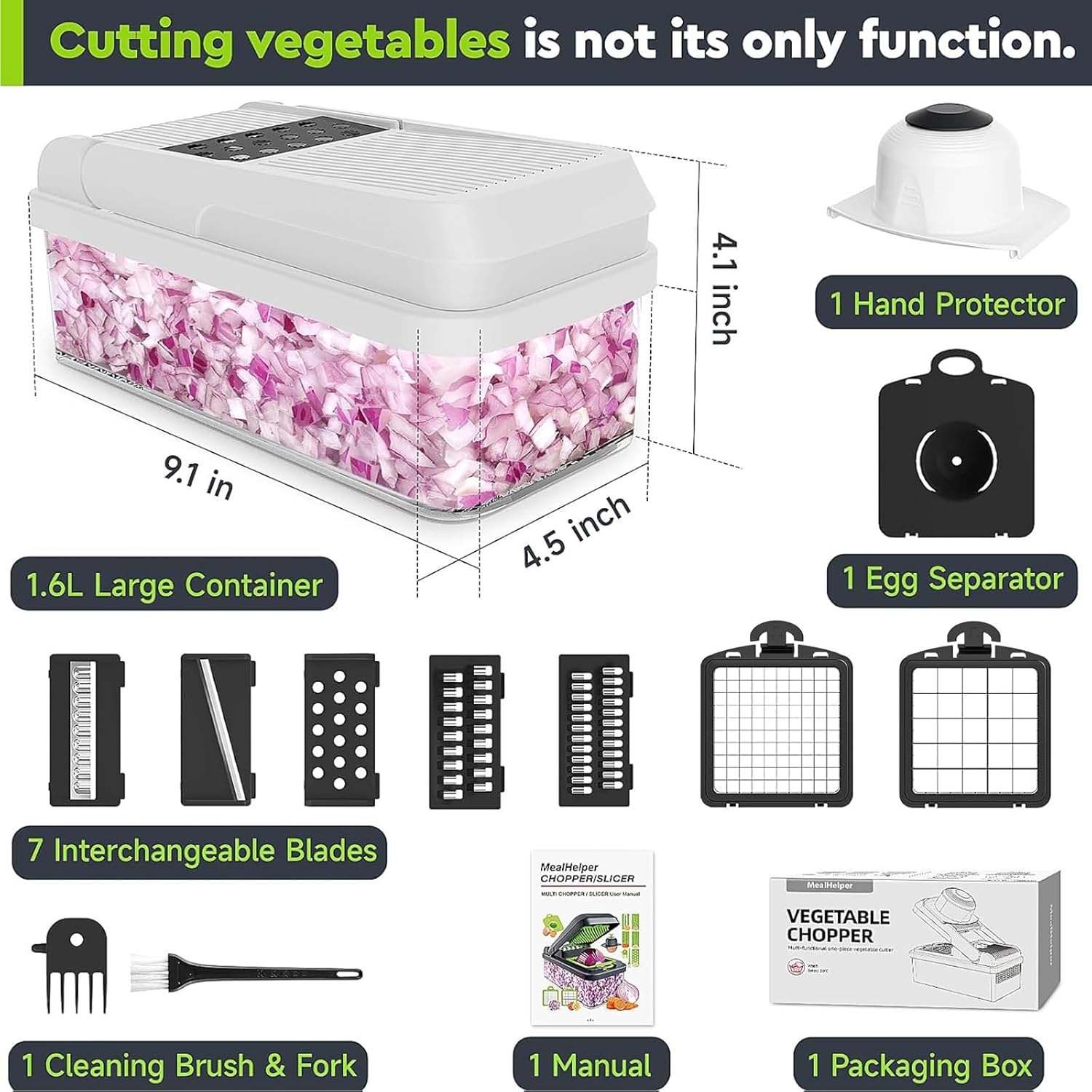 12-in-1 Vegetable Chopper, Food Veggie Chopper With Container | Kitchen Prep Tool, Cheese Grater, Home Essentials & Kitchen Gadgets, with Sharp Stainless Steel Blades(7 Blades, Green)
