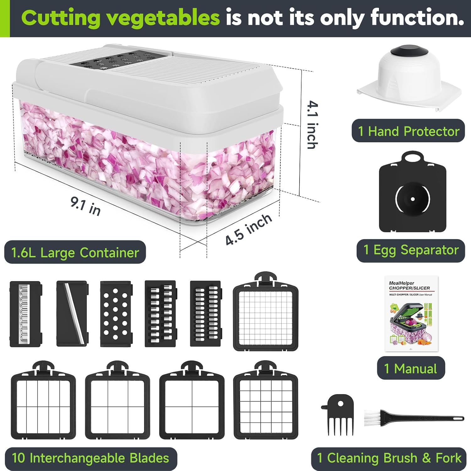 12-in-1 Vegetable Chopper, Food Veggie Chopper With Container | Kitchen Prep Tool, Cheese Grater, Home Essentials & Kitchen Gadgets, with Sharp Stainless Steel Blades(7 Blades, Green)