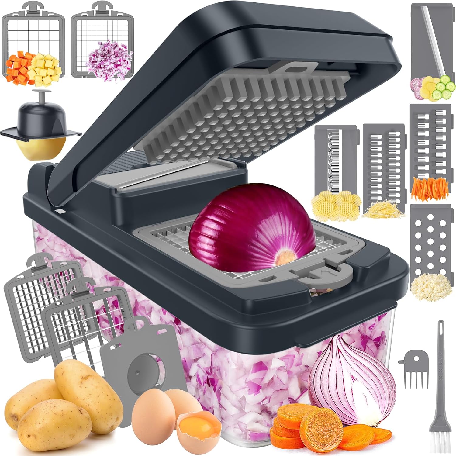 12-in-1 Vegetable Chopper, Food Veggie Chopper With Container | Kitchen Prep Tool, Cheese Grater, Home Essentials & Kitchen Gadgets, with Sharp Stainless Steel Blades(7 Blades, Green)