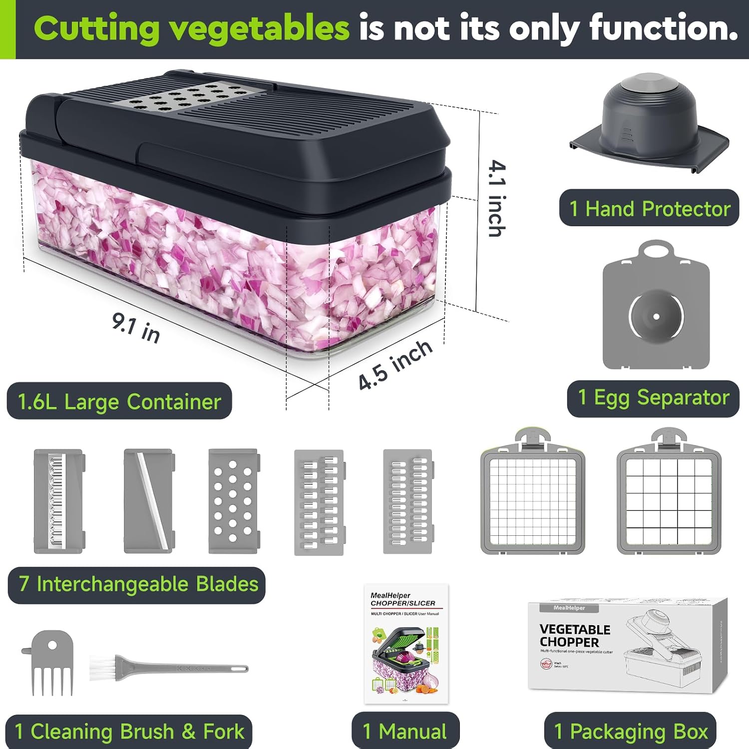 12-in-1 Vegetable Chopper, Food Veggie Chopper With Container | Kitchen Prep Tool, Cheese Grater, Home Essentials & Kitchen Gadgets, with Sharp Stainless Steel Blades(7 Blades, Green)