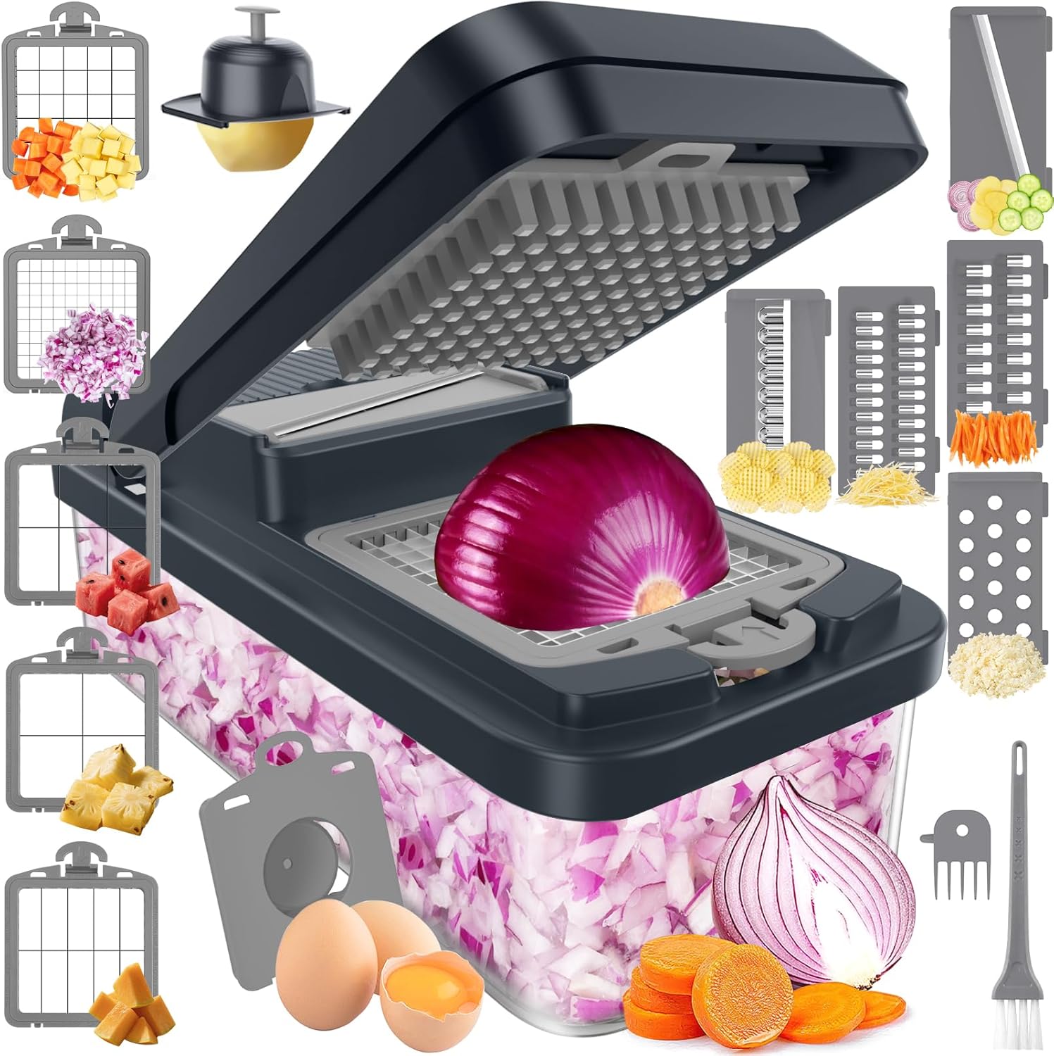 12-in-1 Vegetable Chopper, Food Veggie Chopper With Container | Kitchen Prep Tool, Cheese Grater, Home Essentials & Kitchen Gadgets, with Sharp Stainless Steel Blades(7 Blades, Green)