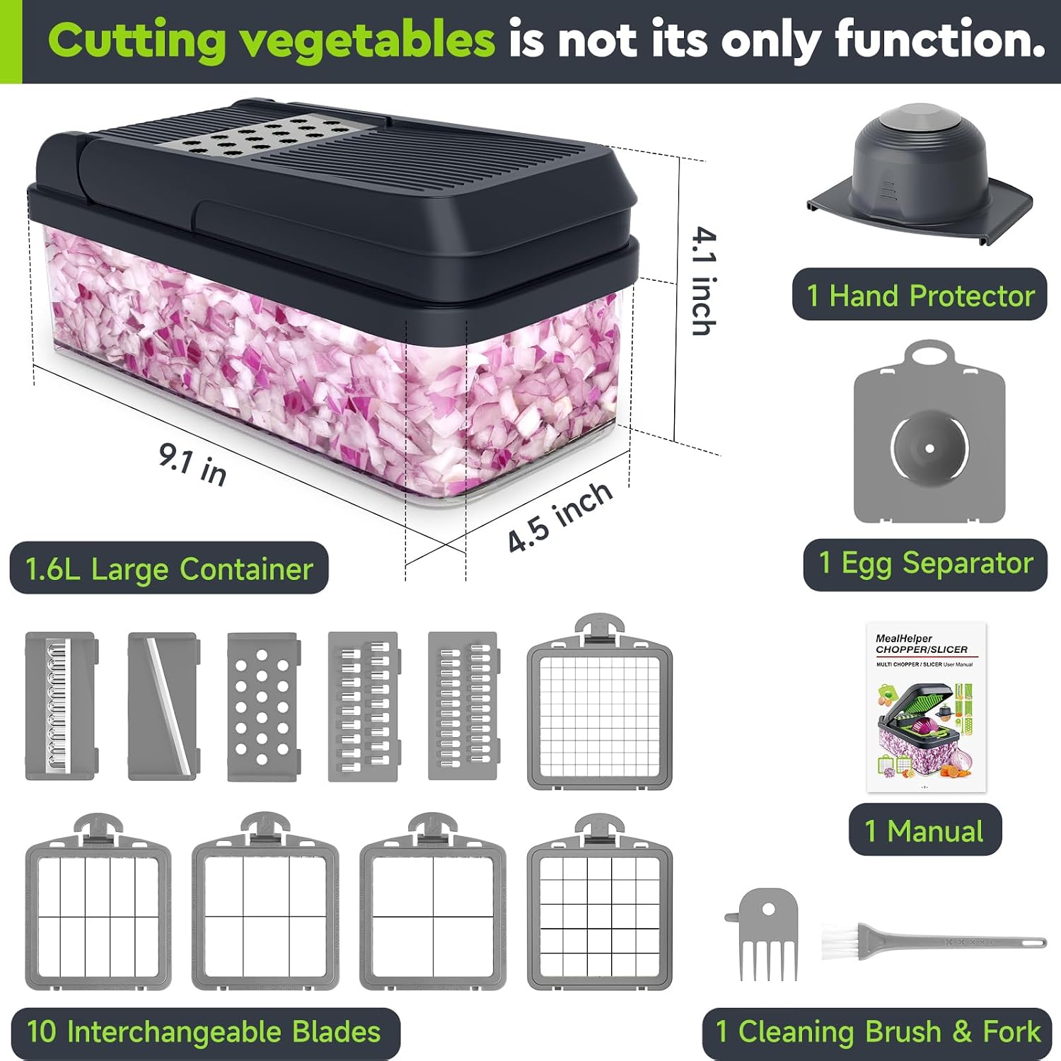 12-in-1 Vegetable Chopper, Food Veggie Chopper With Container | Kitchen Prep Tool, Cheese Grater, Home Essentials & Kitchen Gadgets, with Sharp Stainless Steel Blades(7 Blades, Green)