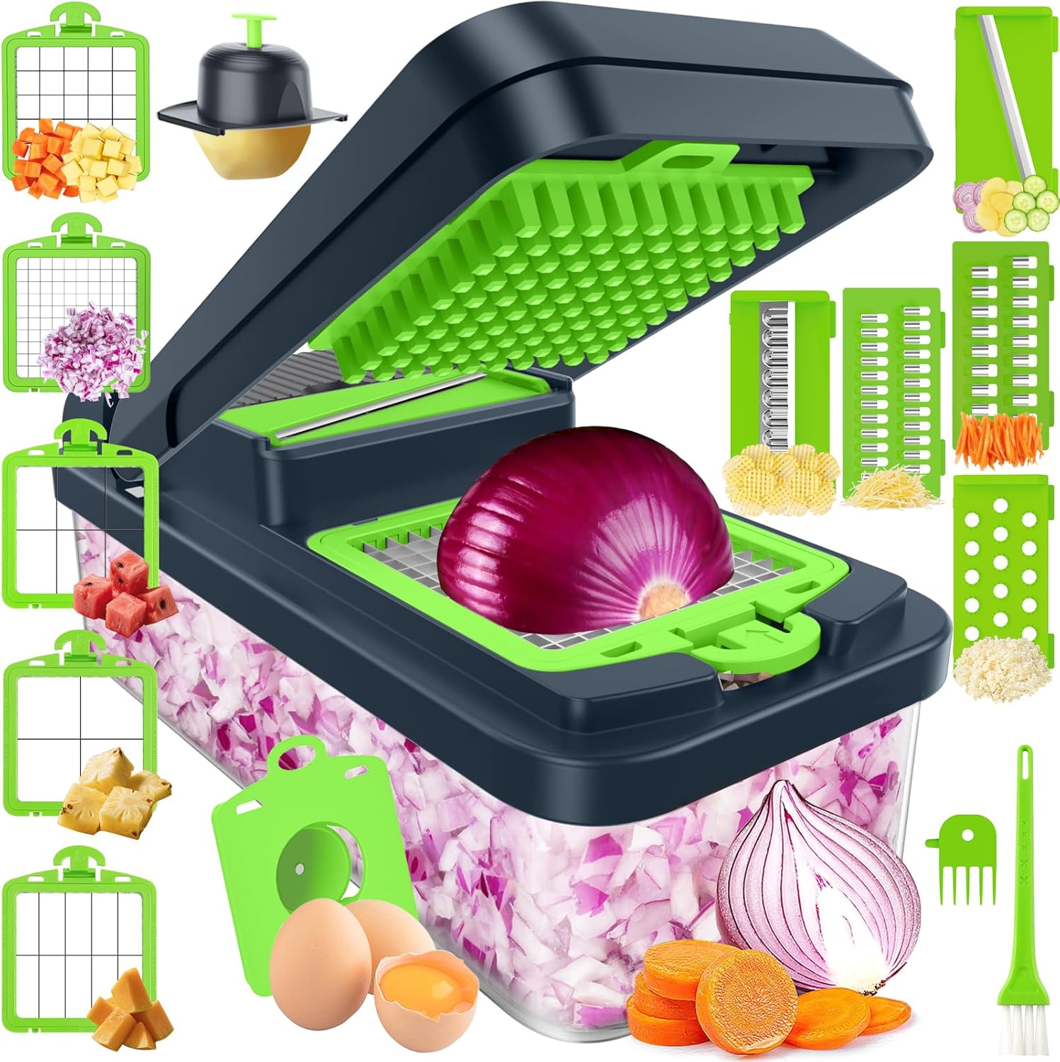 12-in-1 Vegetable Chopper, Food Veggie Chopper With Container | Kitchen Prep Tool, Cheese Grater, Home Essentials & Kitchen Gadgets, with Sharp Stainless Steel Blades(7 Blades, Green)