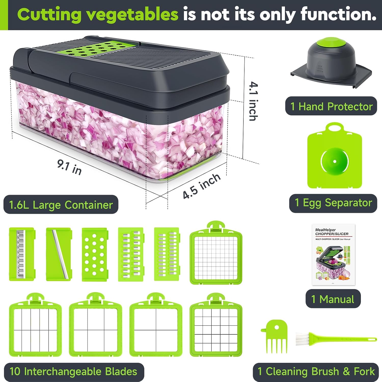 12-in-1 Vegetable Chopper, Food Veggie Chopper With Container | Kitchen Prep Tool, Cheese Grater, Home Essentials & Kitchen Gadgets, with Sharp Stainless Steel Blades(7 Blades, Green)