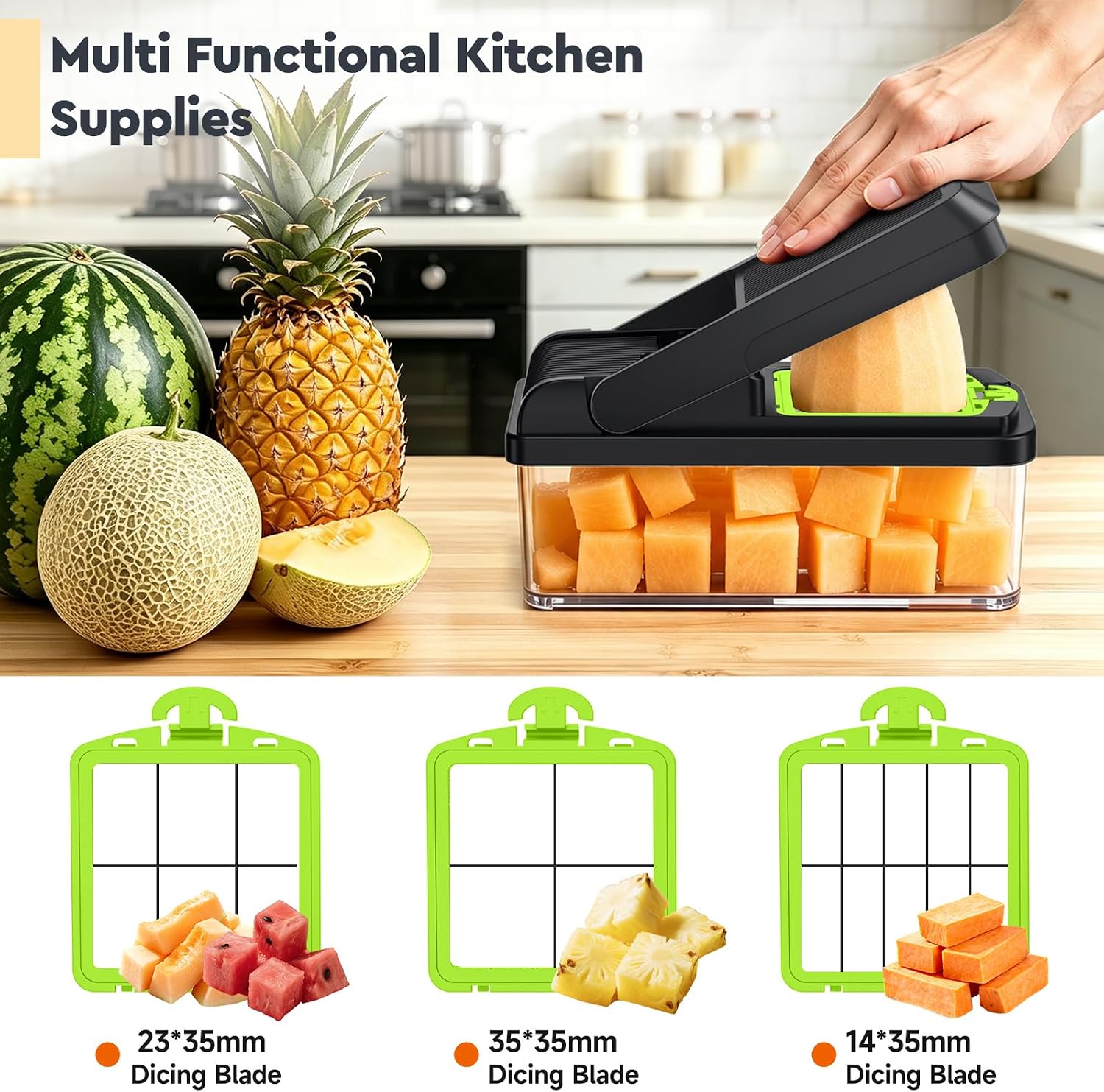 12-in-1 Vegetable Chopper, Food Veggie Chopper With Container | Kitchen Prep Tool, Cheese Grater, Home Essentials & Kitchen Gadgets, with Sharp Stainless Steel Blades(7 Blades, Green)